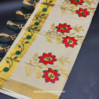 Saree 4 inch wide golden border with Green Creeper embroidery and Golden green red floral embroidery on body 2146