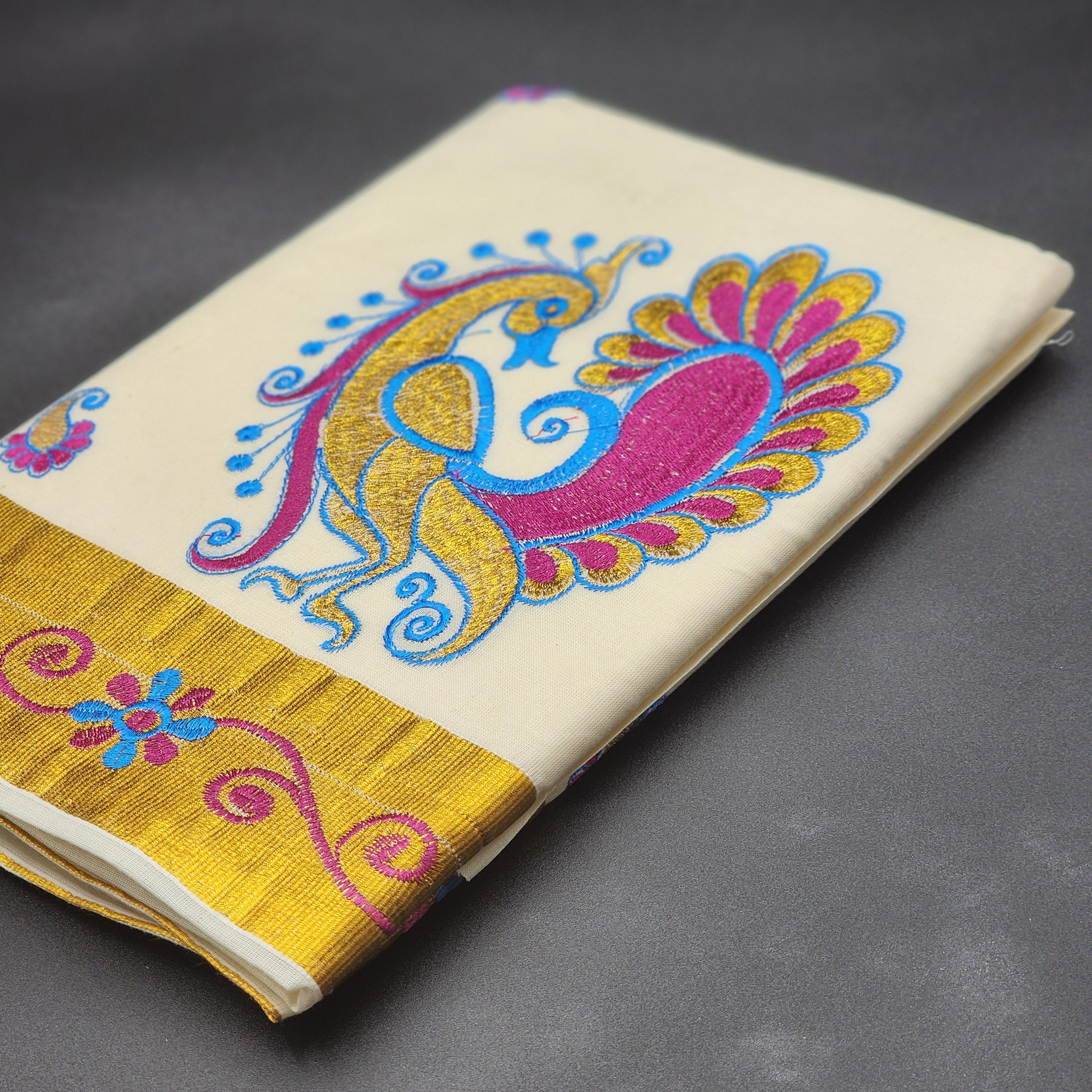 Traditional South Indian Saree peacock design in Blue , Gold dark pink with golden border floral design 2133 Eljoys Fashion