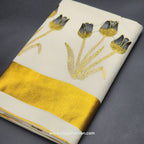 Kerala Saree 4 inch wide golden border and embroidered Tulip works on body 2145