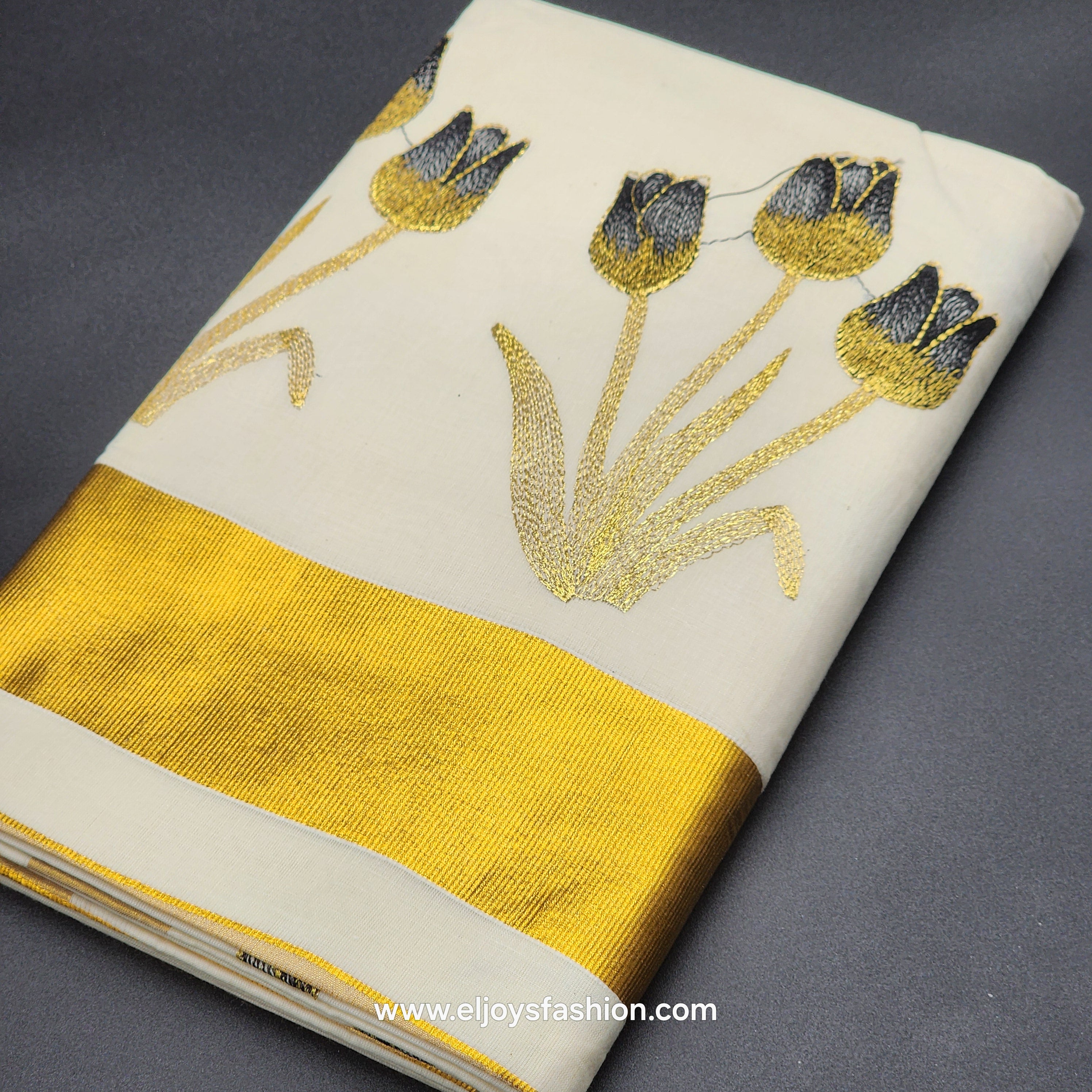 Kerala Saree 4 inch wide golden border and embroidered Tulip works on body 2145
