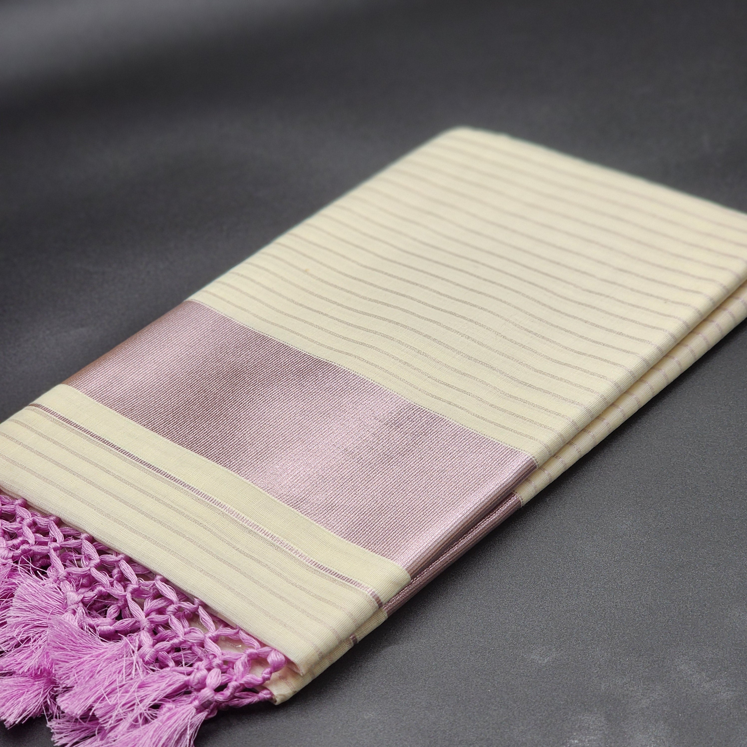 Traditional Tissue silk Saree with with full body Lavender lines and broad lavender lines with Tussel work 2134 Eljoys Fashion