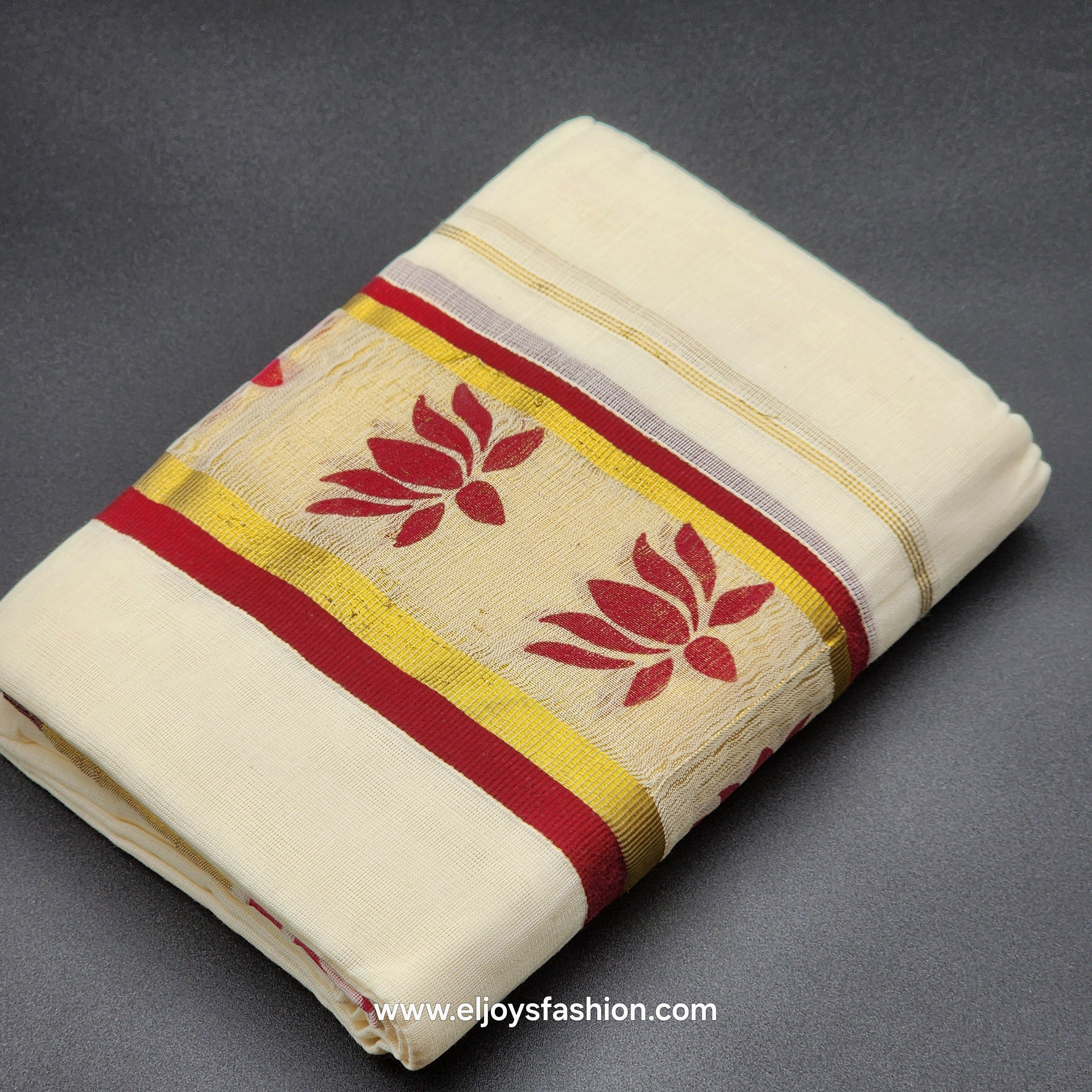 Set Mundu Gold and burgundy border  lotus  flower pattern 4013