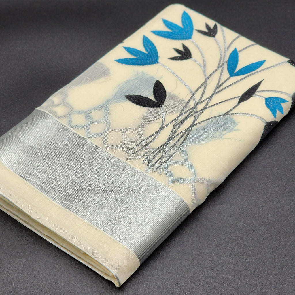 Tissue Silk Saree featuring Silver, Blue and Black floral design with Silver border 2106
