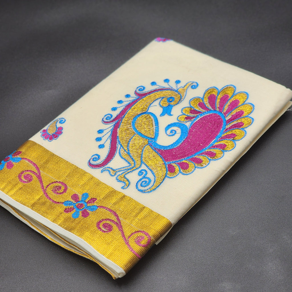 Traditional South Indian Saree peacock design in Blue , Gold dark pink with golden border floral design 2133 Eljoys Fashion