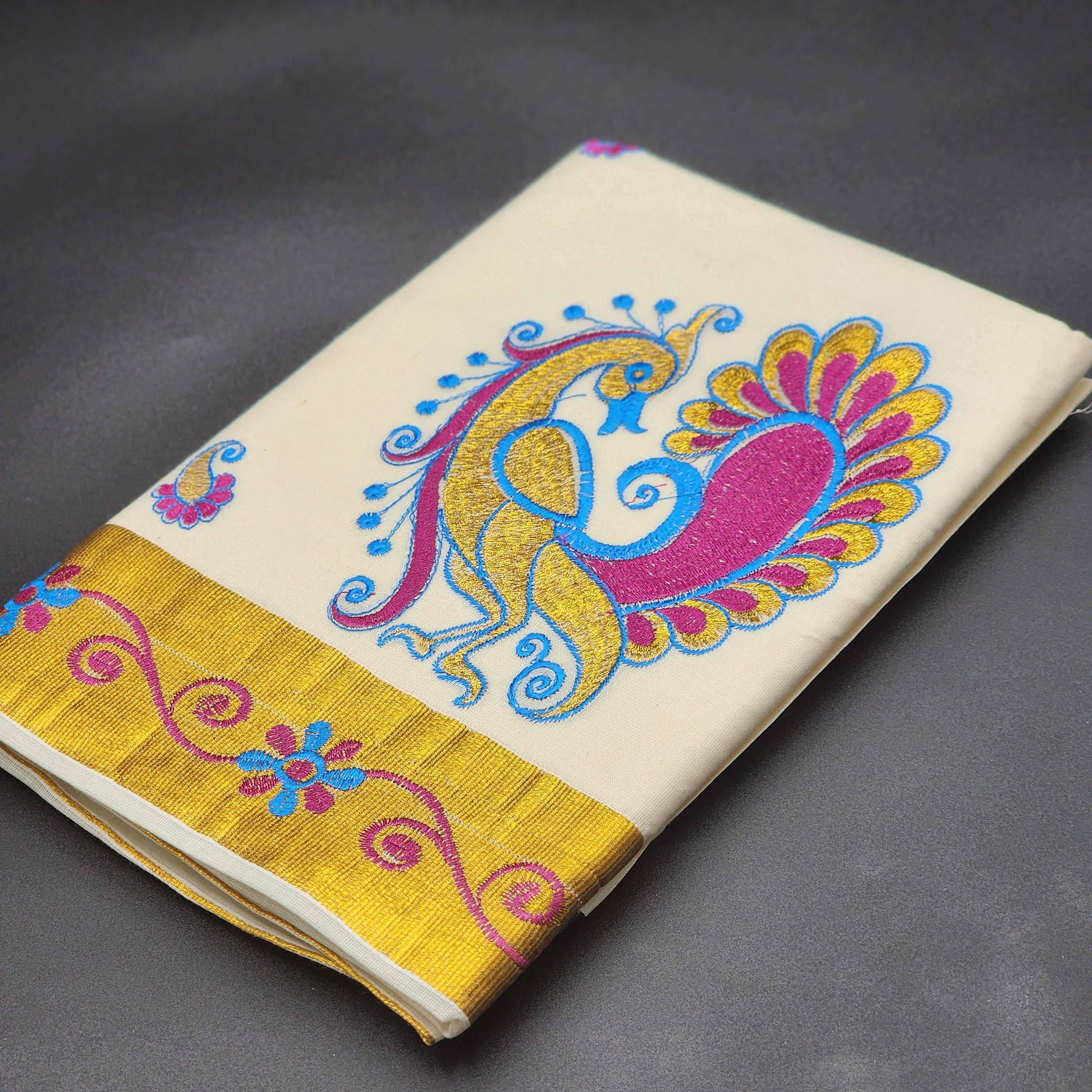 Traditional South Indian Saree peacock design in Blue , Gold dark pink with golden border floral design 2133 Eljoys Fashion