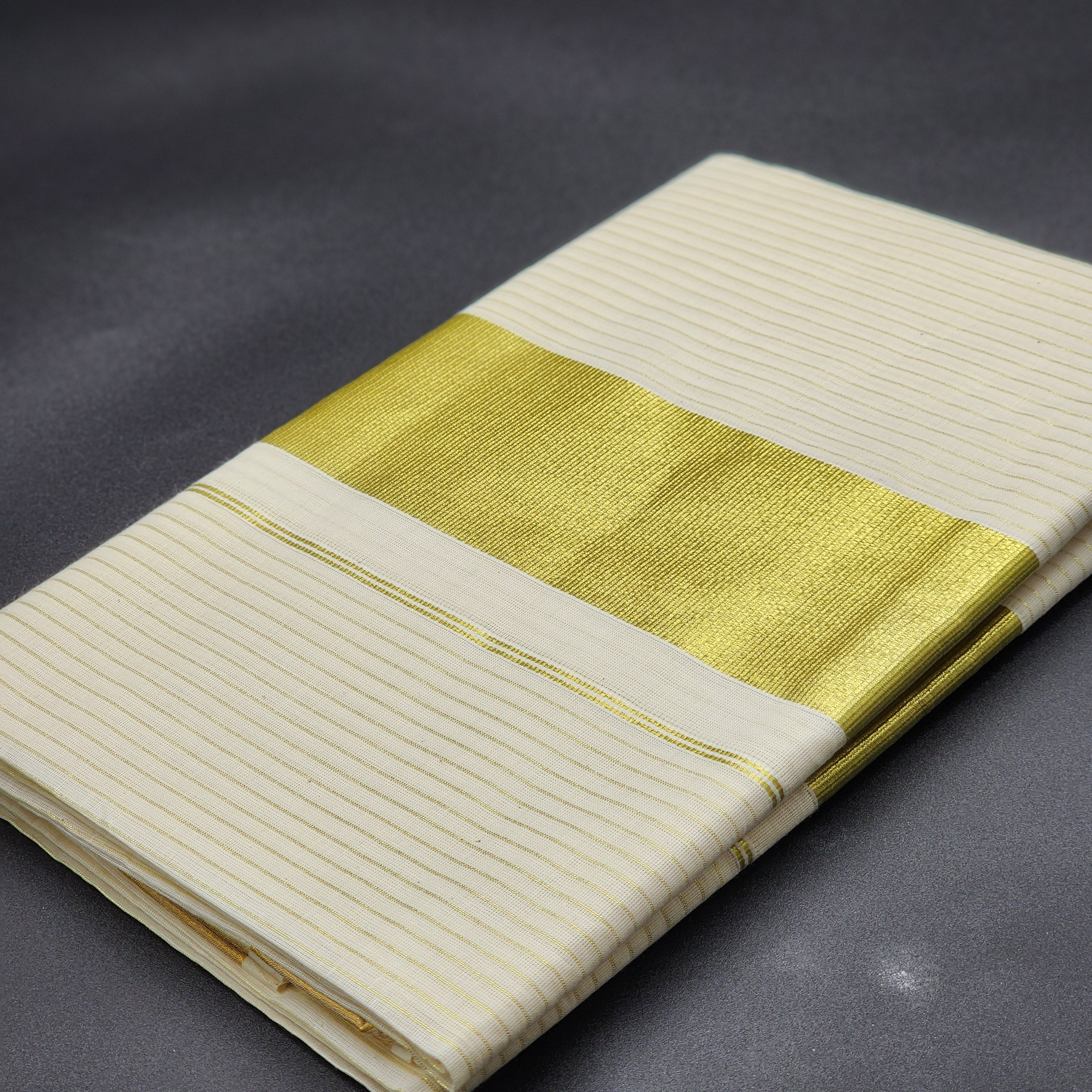 Tissue Silk Traditional Kerala saree with medium gold border and horizontal full body line 2129 Eljoys Fashion