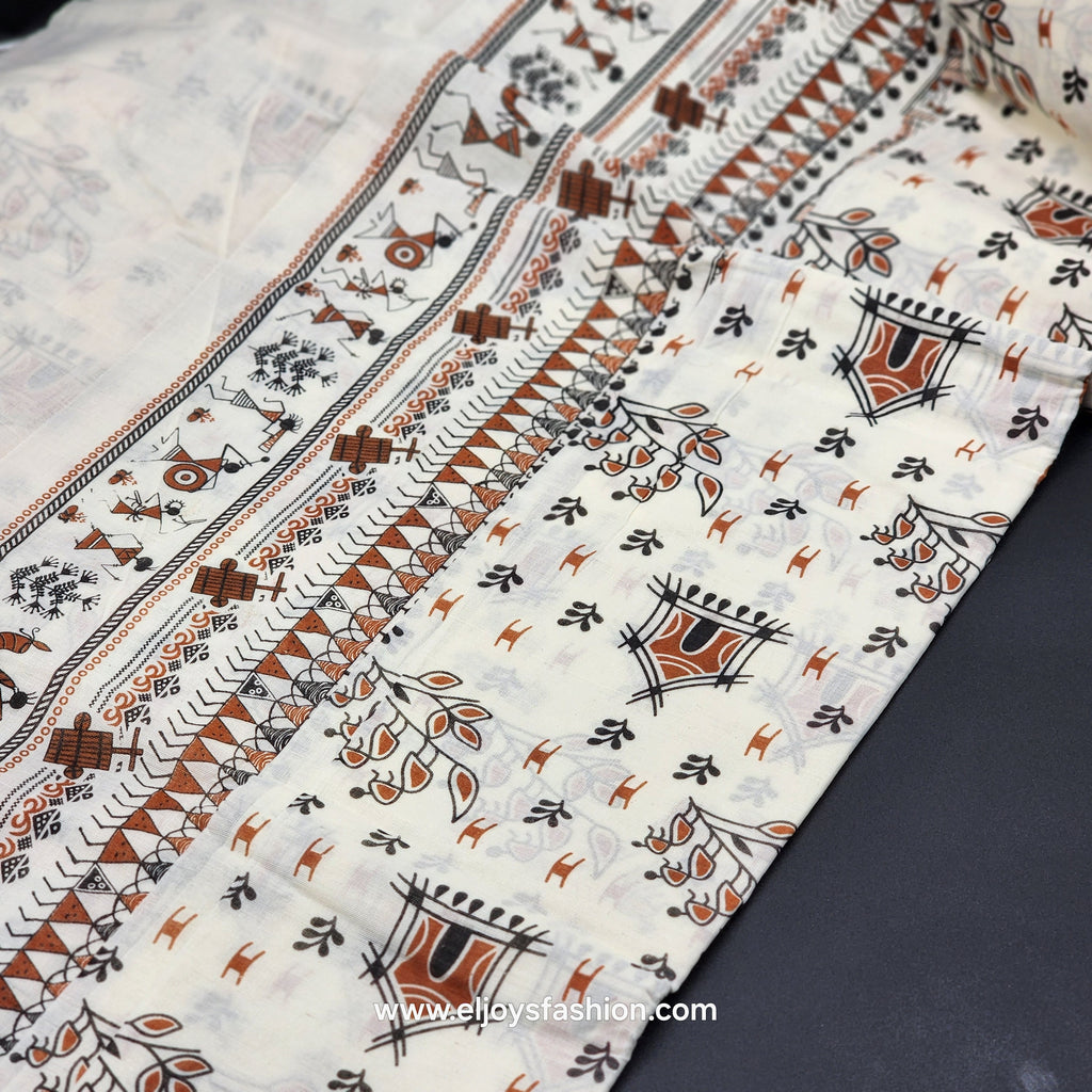 Saree printed in black orange village theme 2151