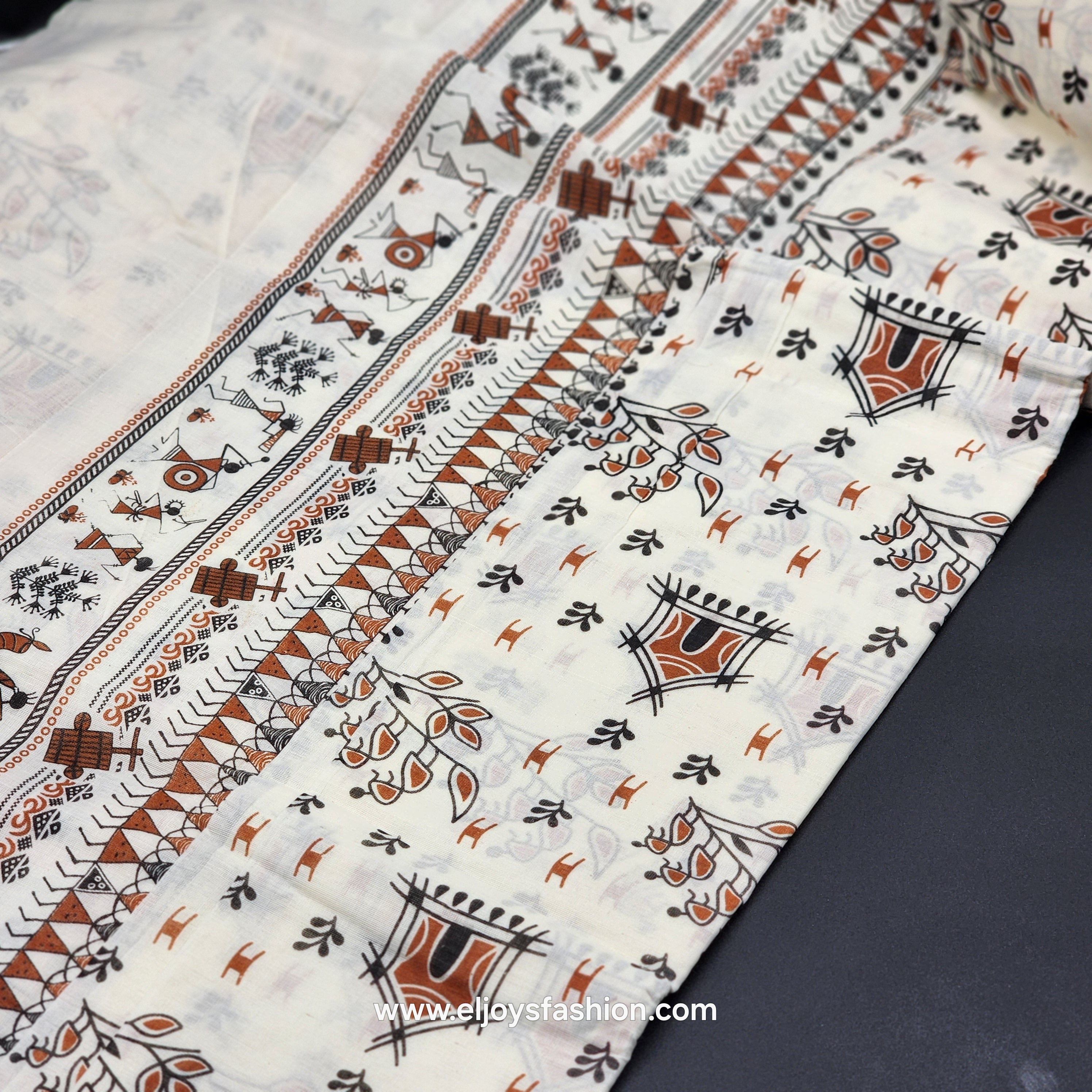 Saree printed in black orange village theme 2151