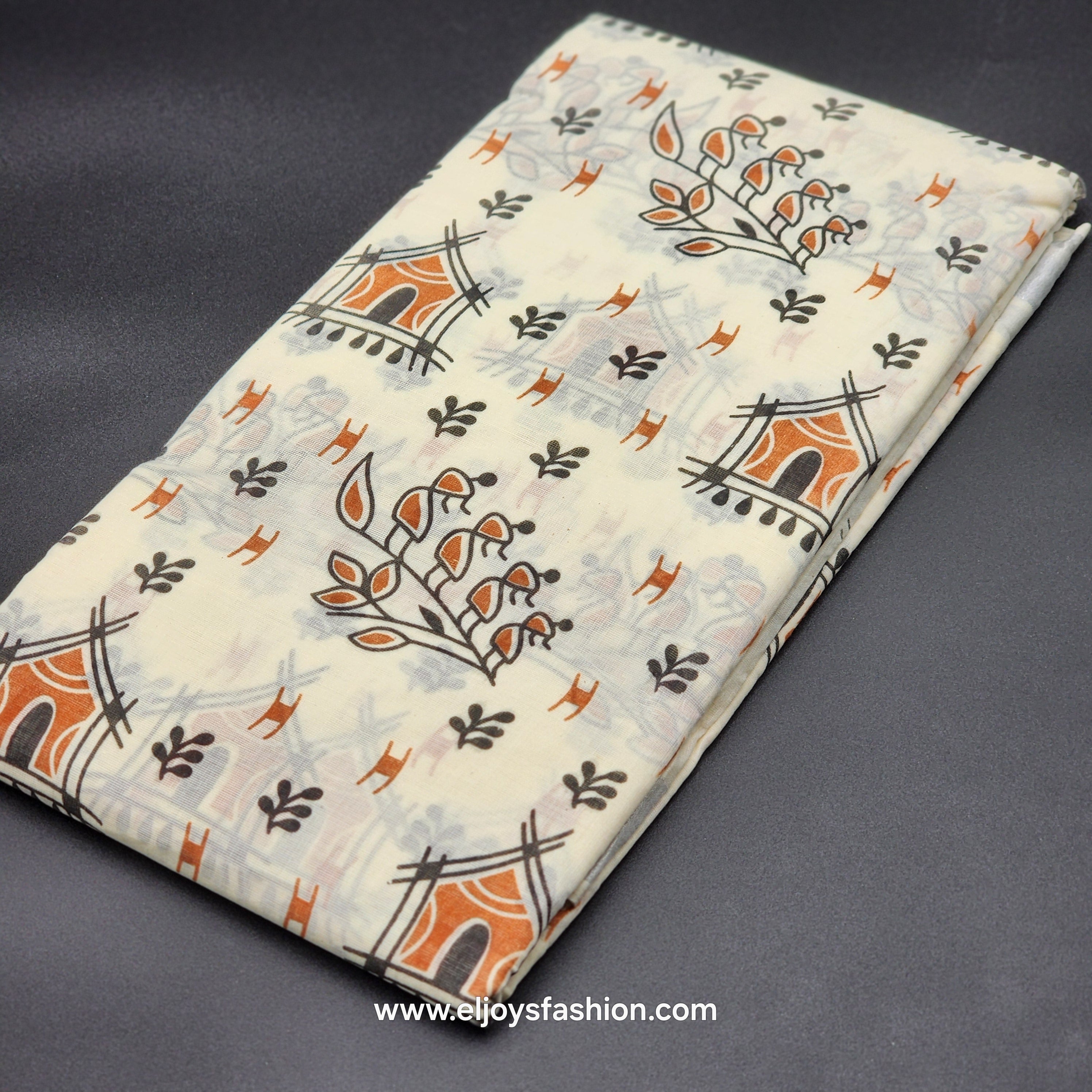 Saree printed in black orange village theme 2151