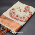 Saree 4 inch wide copper border with Tassel works ,The body is an embroidered red peacock on a golden branch 2147