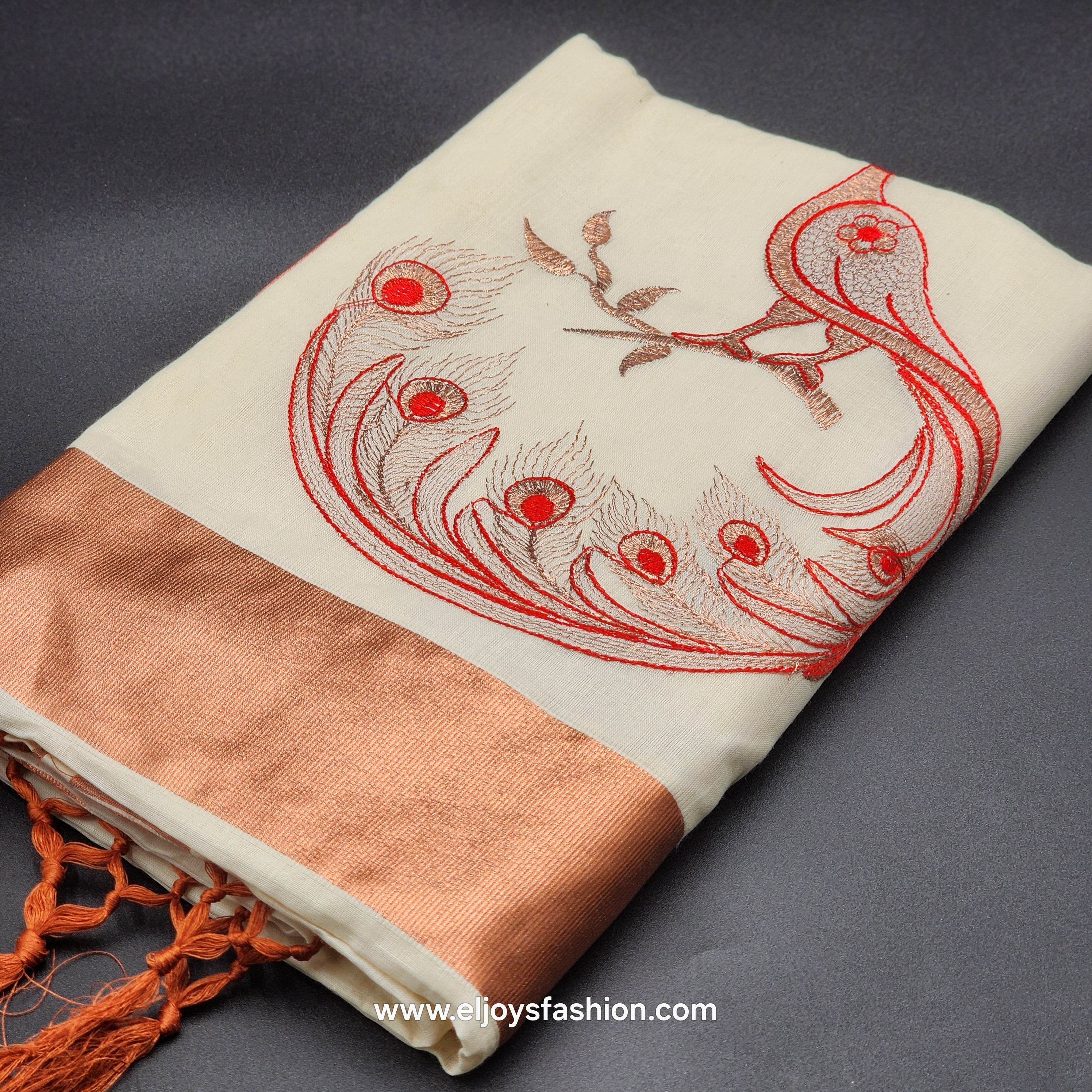 Saree 4 inch wide copper border with Tassel works ,The body is an embroidered red peacock on a golden branch 2147