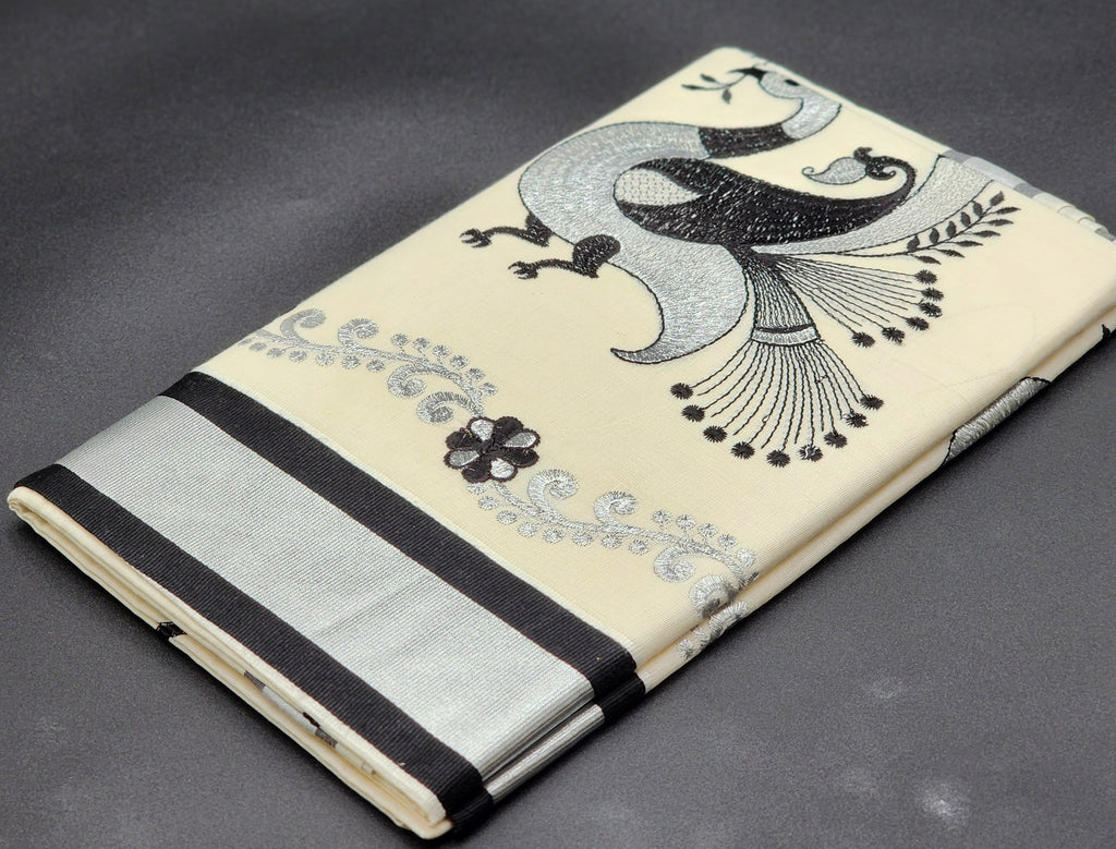 Tissue Silk South Indian Saree - Peacock floral design in Silver and black 2127 Eljoys Fashion