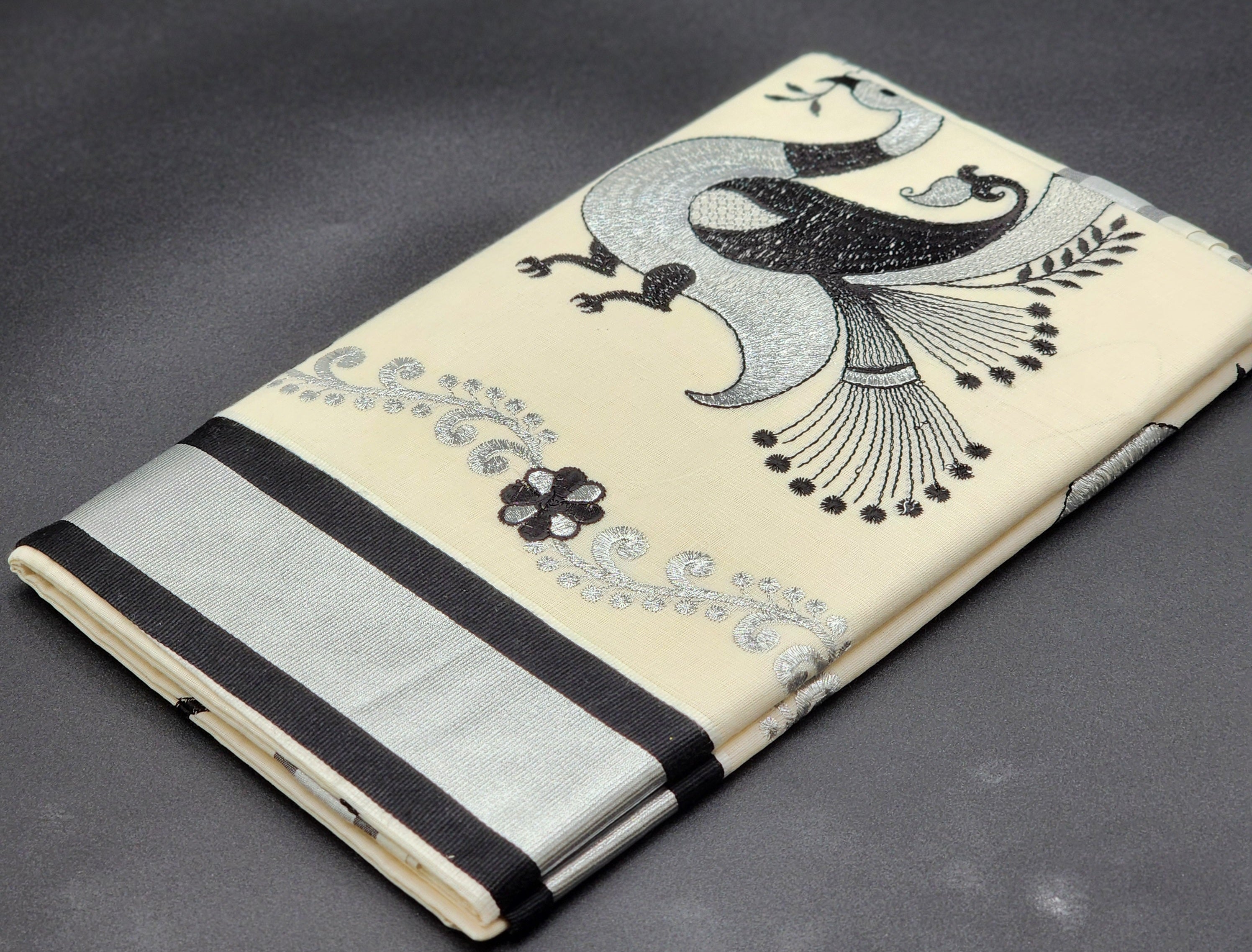 Tissue Silk South Indian Saree - Peacock floral design in Silver and black 2127 Eljoys Fashion