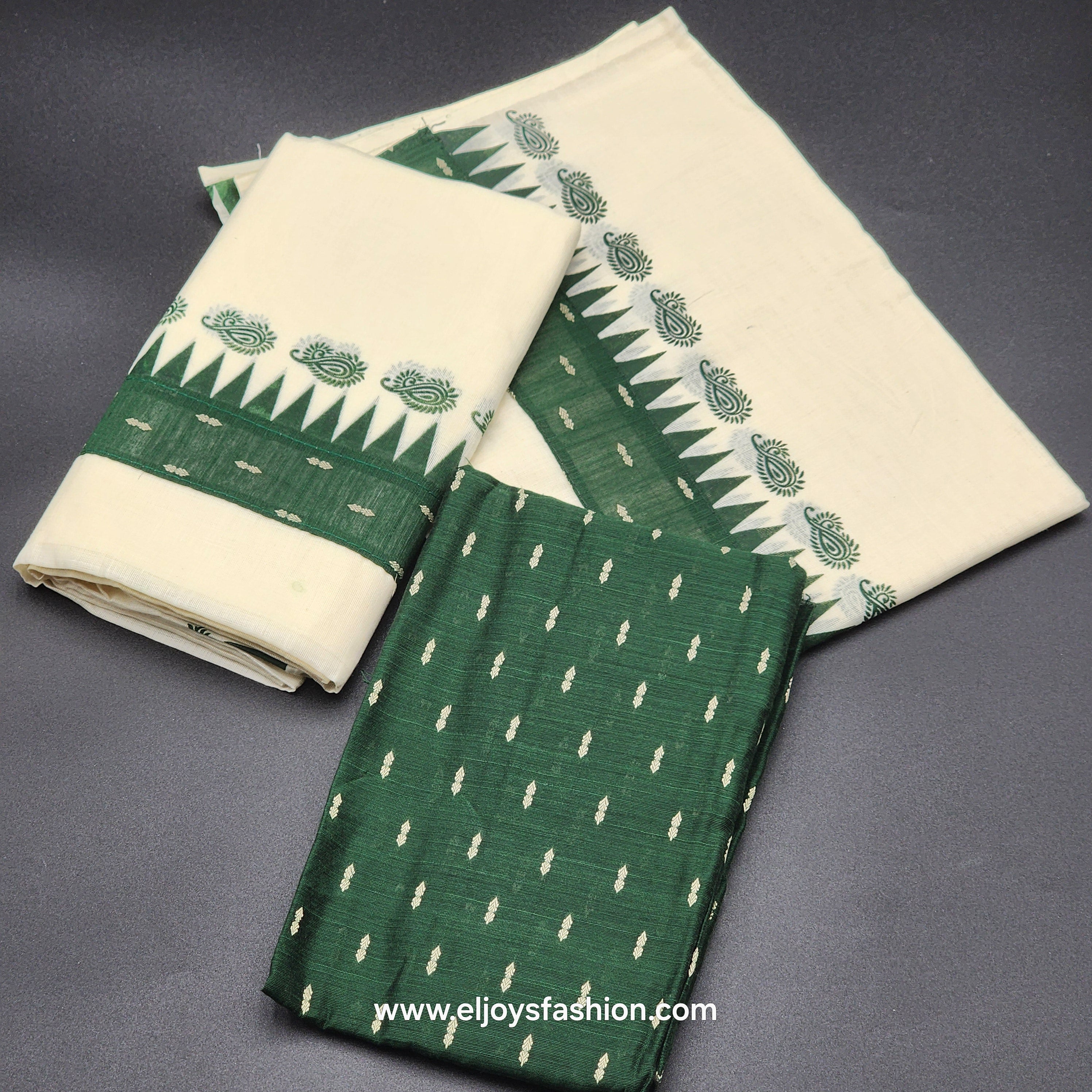 Set Mundu with geometric border and matching blouse piece 4007 Eljoys Fashion