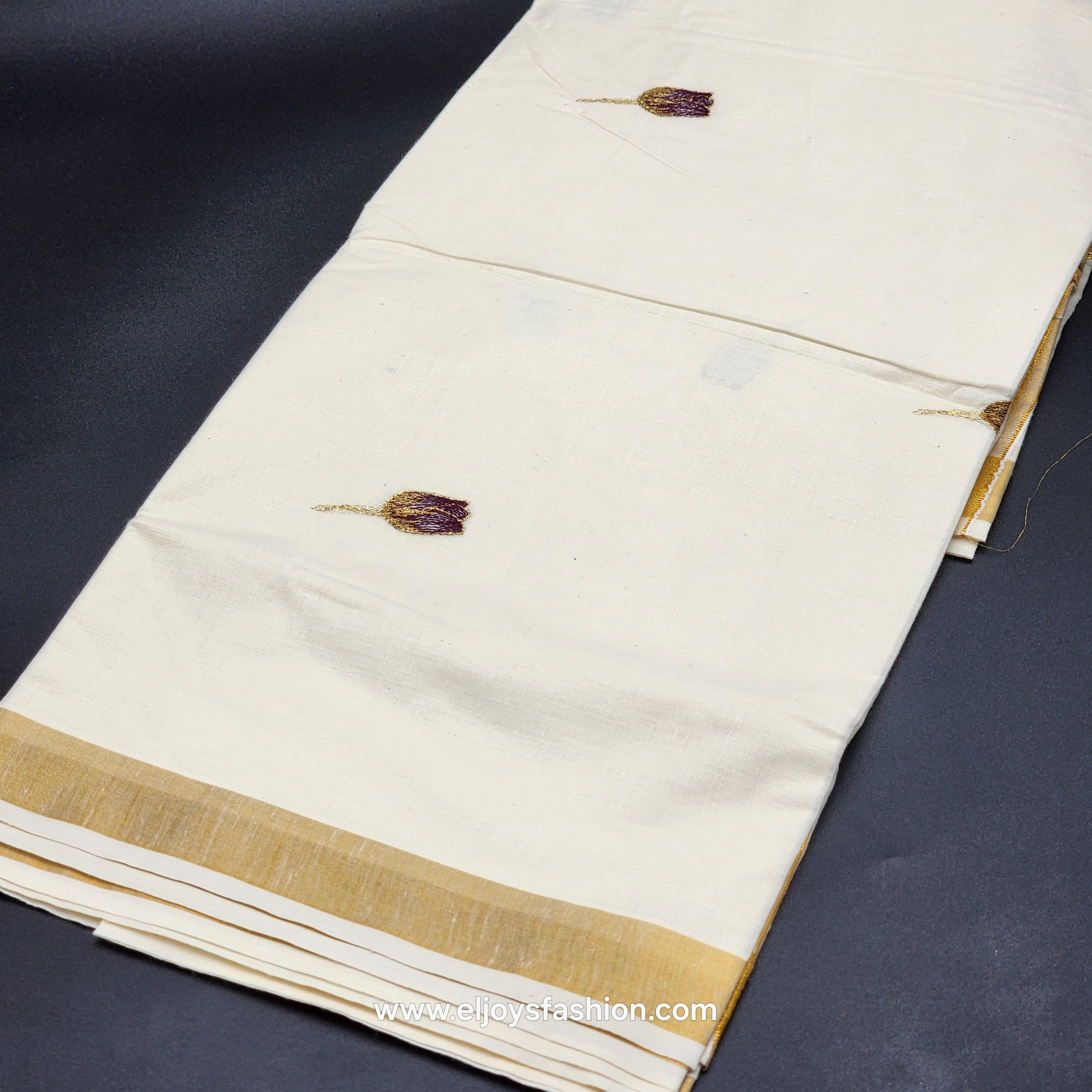 Kerala Saree 4 inch wide golden border and embroidered Tulip works on body 2145