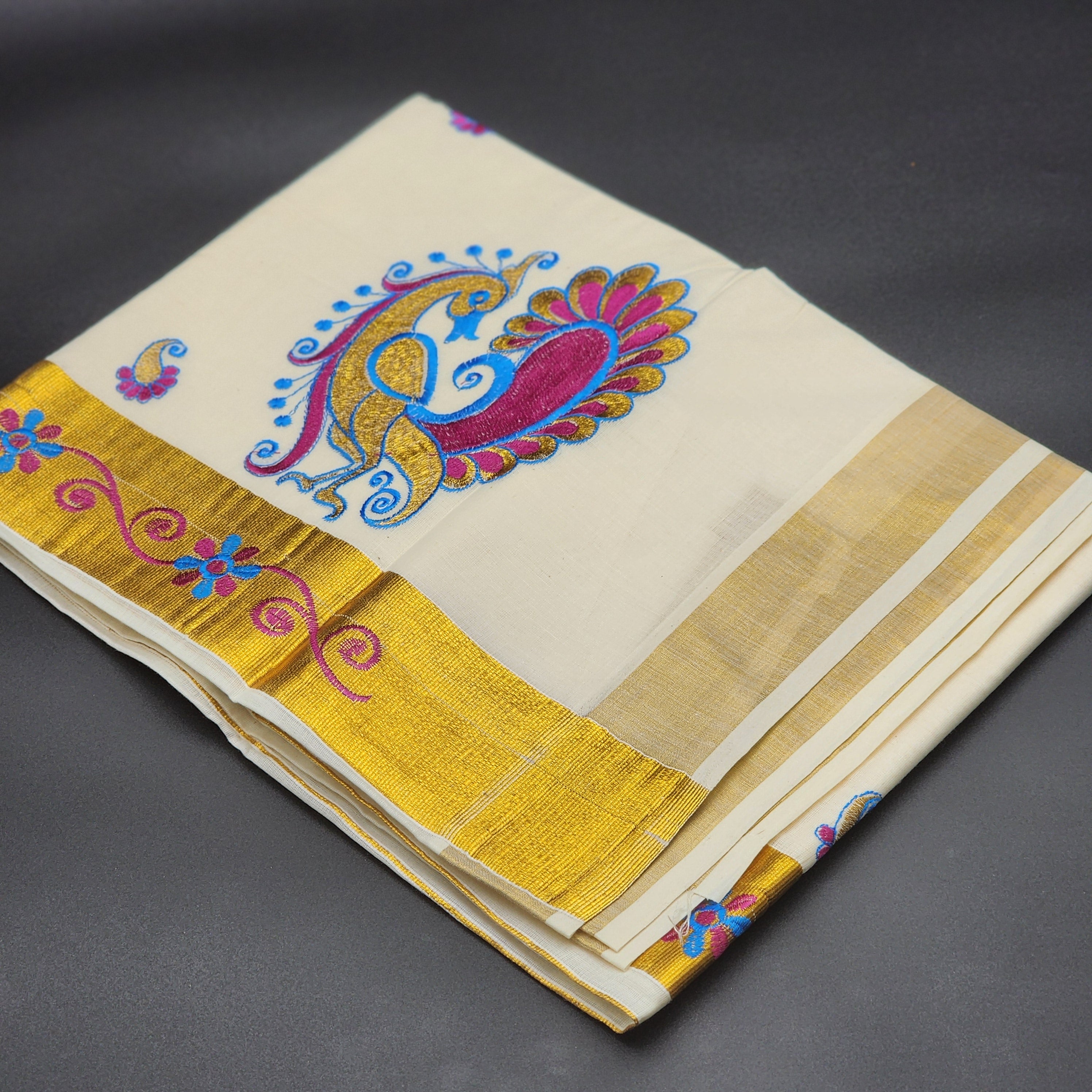 Traditional South Indian Saree peacock design in Blue , Gold dark pink with golden border floral design 2133 Eljoys Fashion