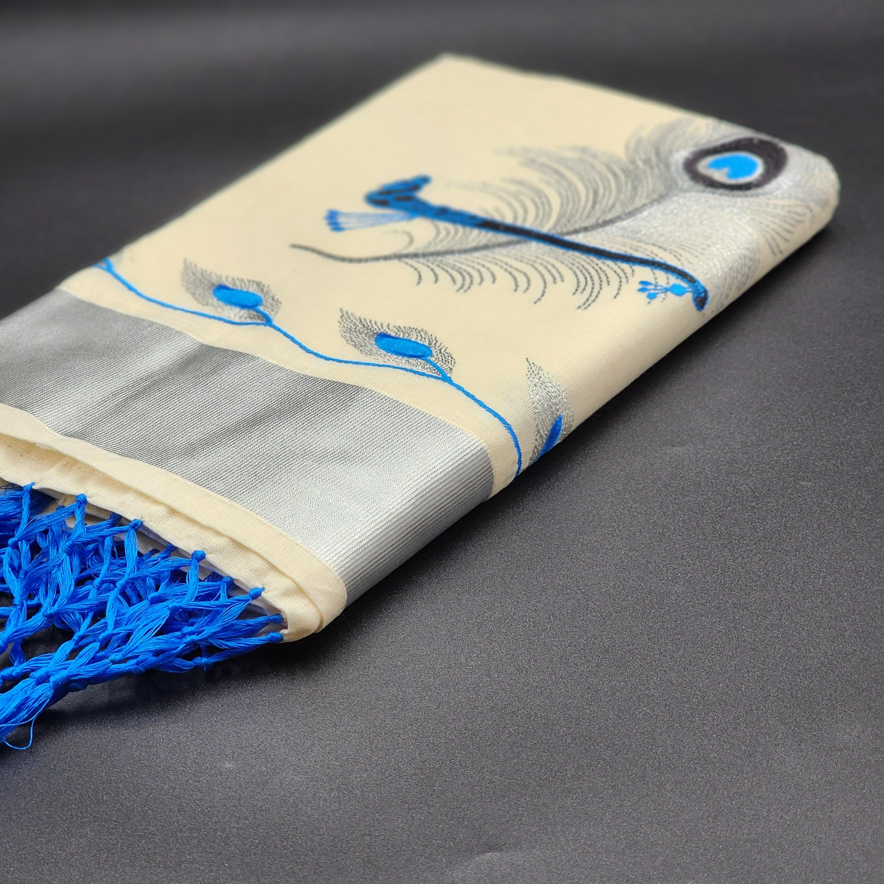 Tissue silk saree Silver and blue coverts design with blue silver floral borders 2105