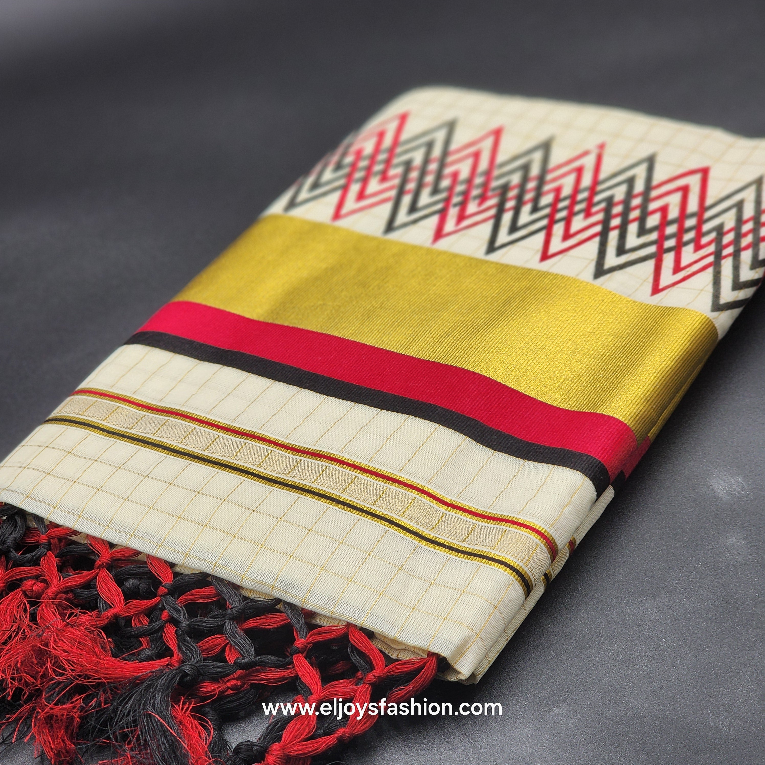 Saree with wide golden red black orange and green lines full body golden box work 2153