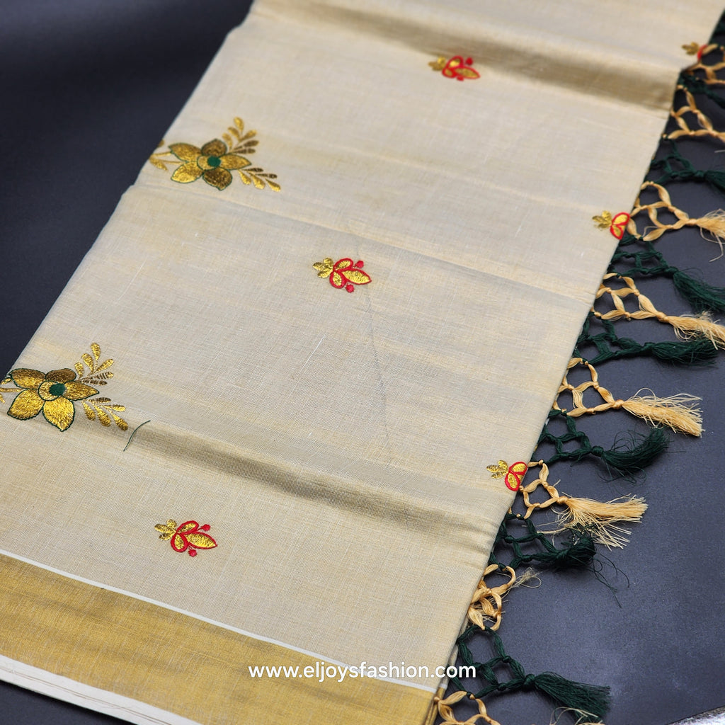 Saree 4 inch wide golden border with Green Creeper embroidery and Golden green red floral embroidery on body 2146