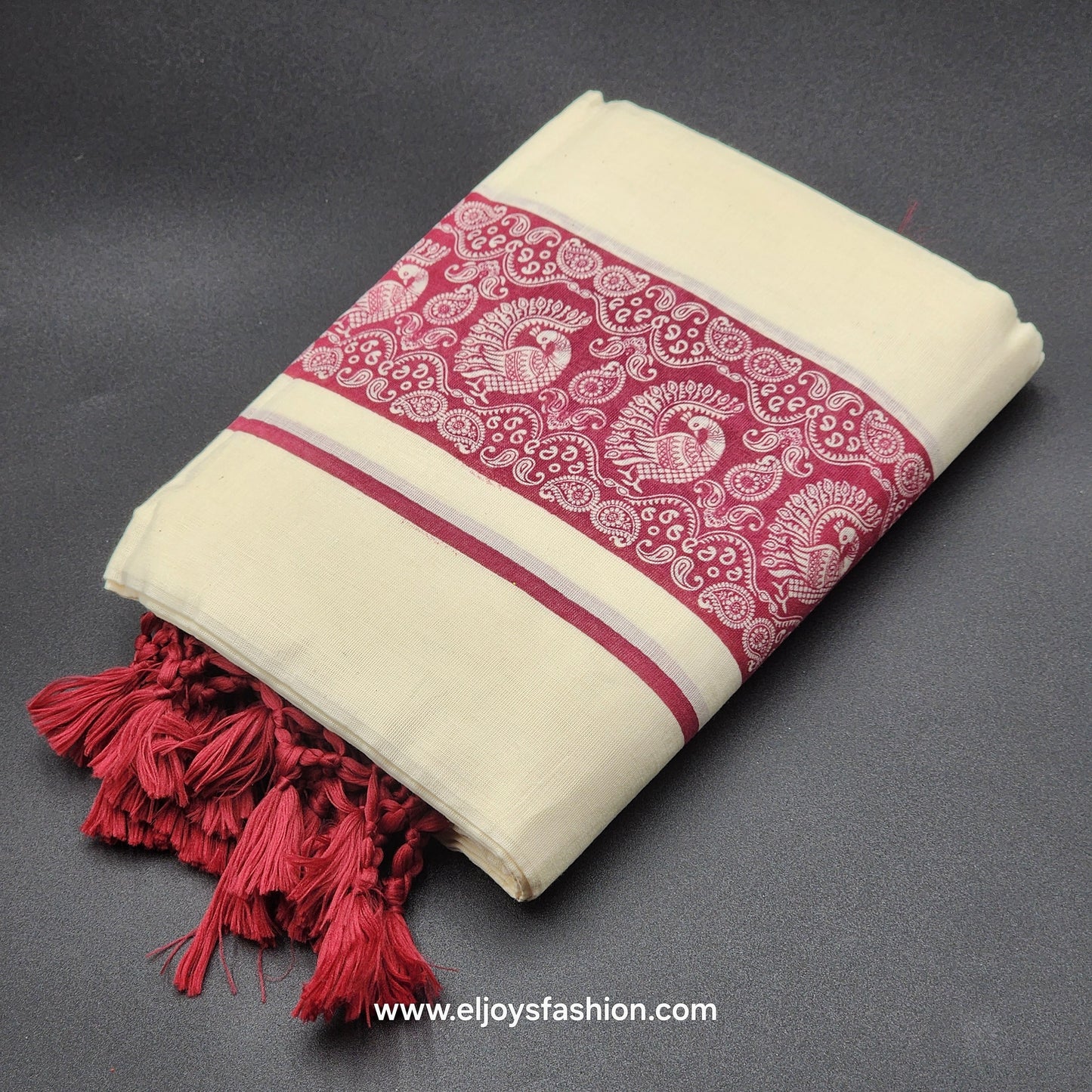 Set Mundu kalamkari peacock border with tassels   4001