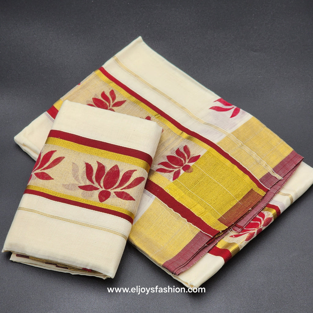 Set Mundu Gold and burgundy border  lotus  flower pattern 4013