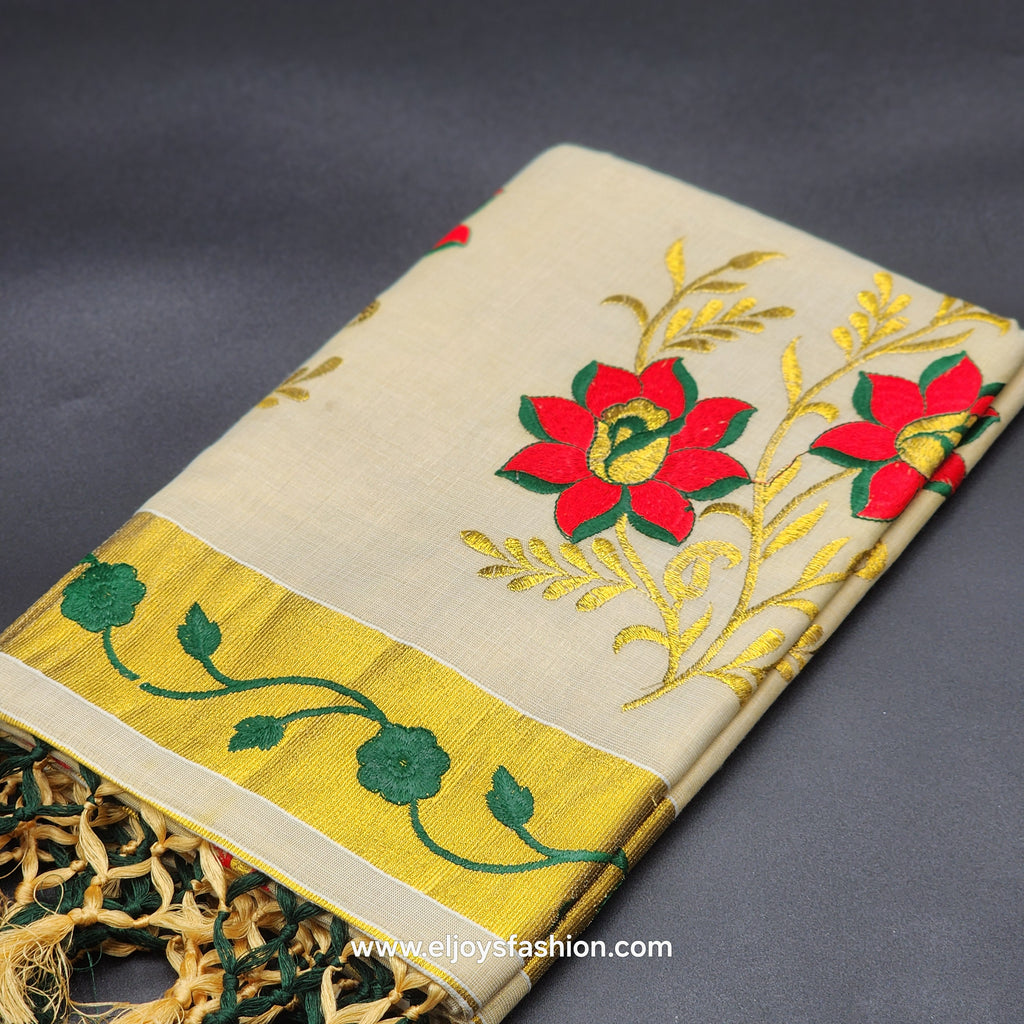Saree 4 inch wide golden border with Green Creeper embroidery and Golden green red floral embroidery on body 2146