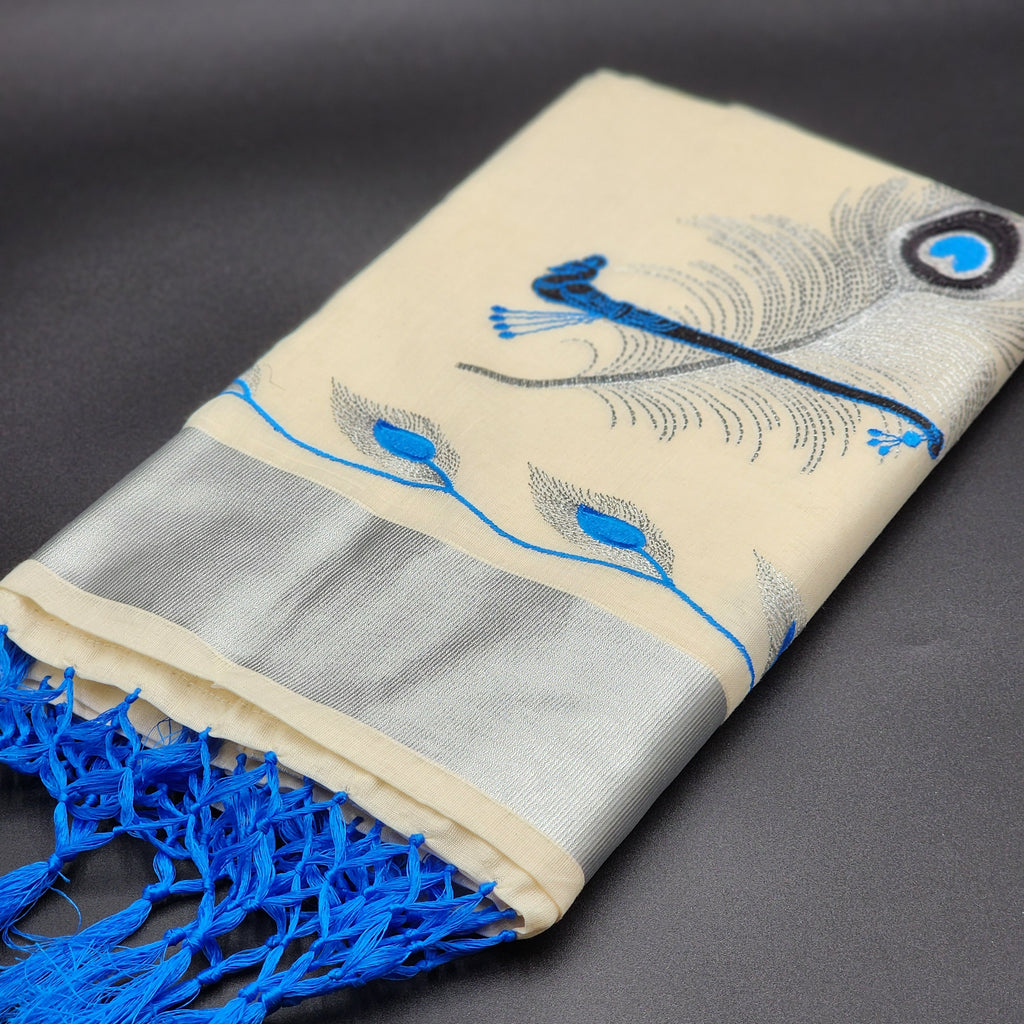 Tissue silk saree Silver and blue coverts design with blue silver floral borders 2105