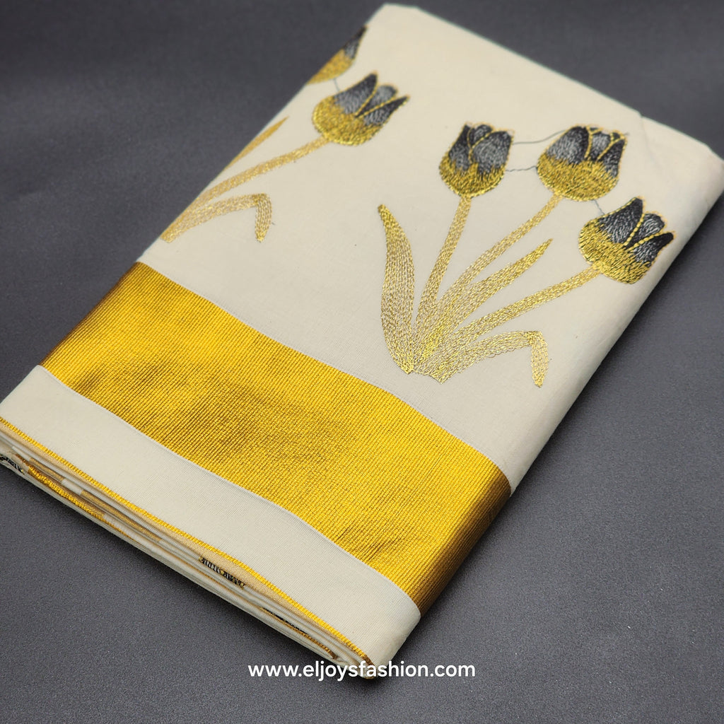 Kerala Saree 4 inch wide golden border and embroidered Tulip works on body 2145