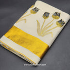 Kerala Saree 4 inch wide golden border and embroidered Tulip works on body 2145