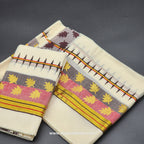 Set Mundu black, red, gold border with leaf designs 4002