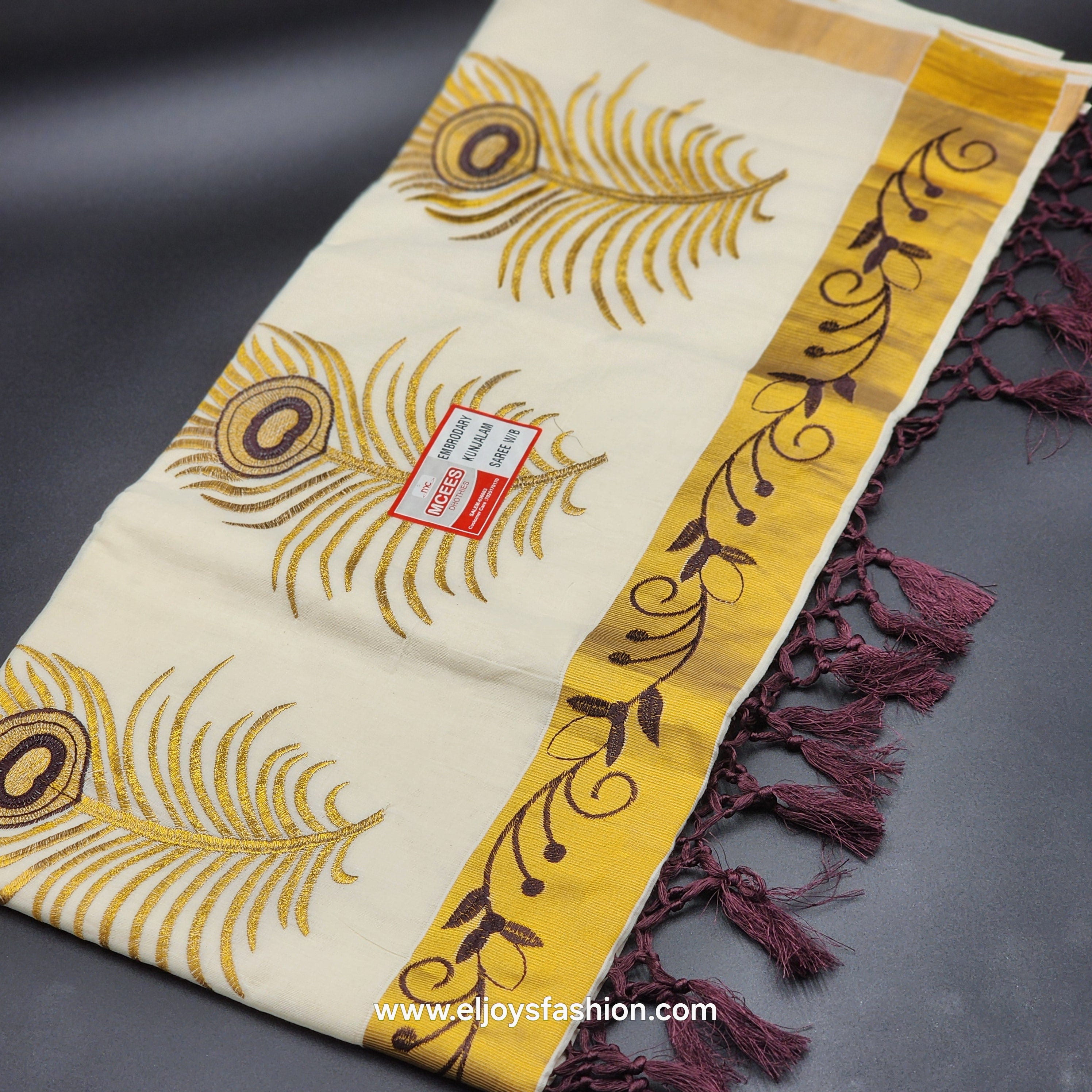 Saree 4 inch wide golden border chocolate creeper embroidery and full body Peacock train goden/choclate embroidery 2148