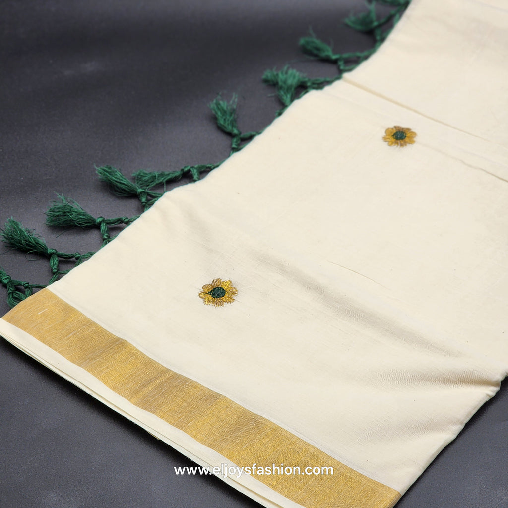 Saree golden border green creeper embroidery and full body Peacock design green/Gold embroidered 2150
