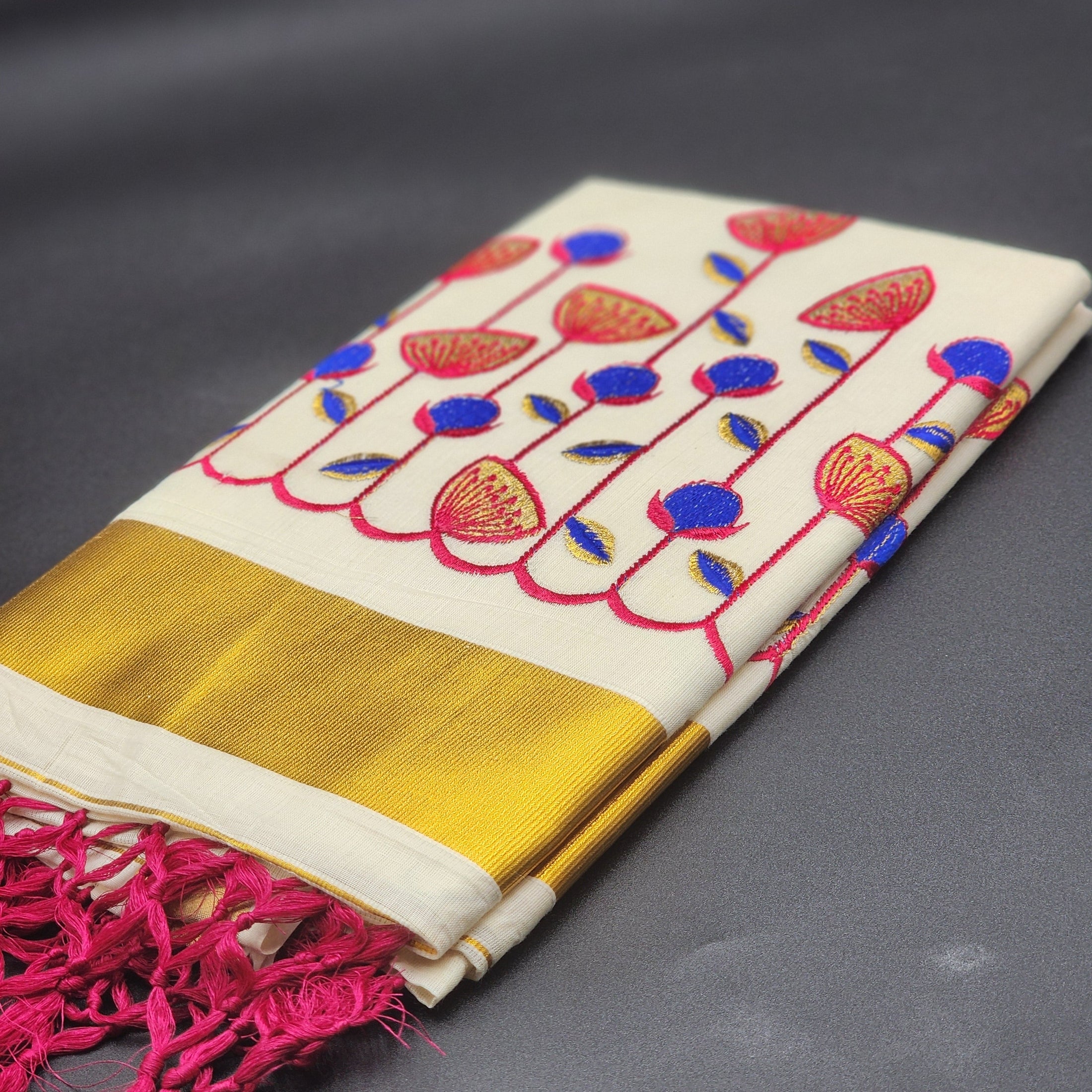Tissue Silk saree with floral design in blue,red and gold combo 2111