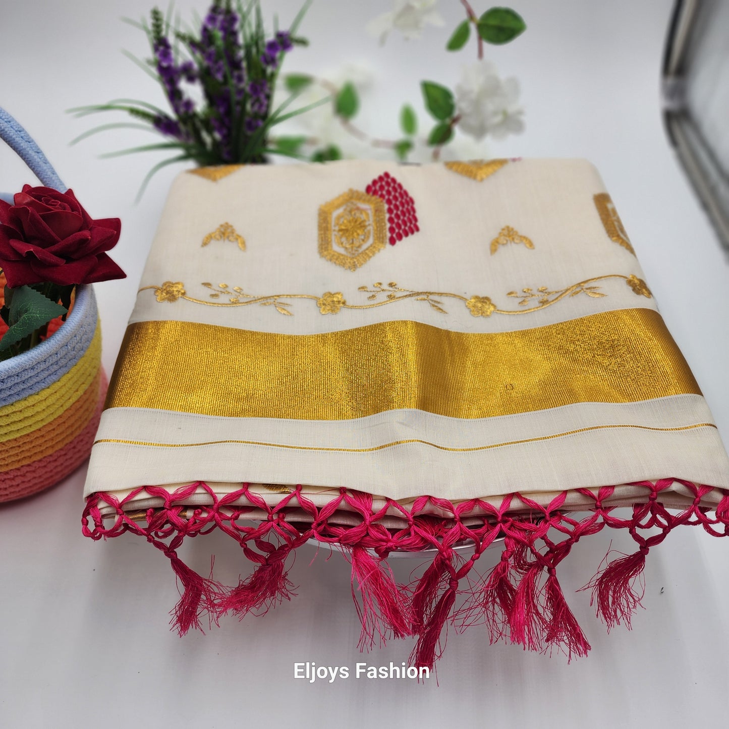 Tissue Silk South Indian Saree with Gold borders and Red Patterns