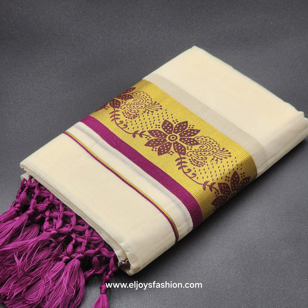Set Mundu Tissue Silk  floral Design in purple and  Green with Tassel work 4012