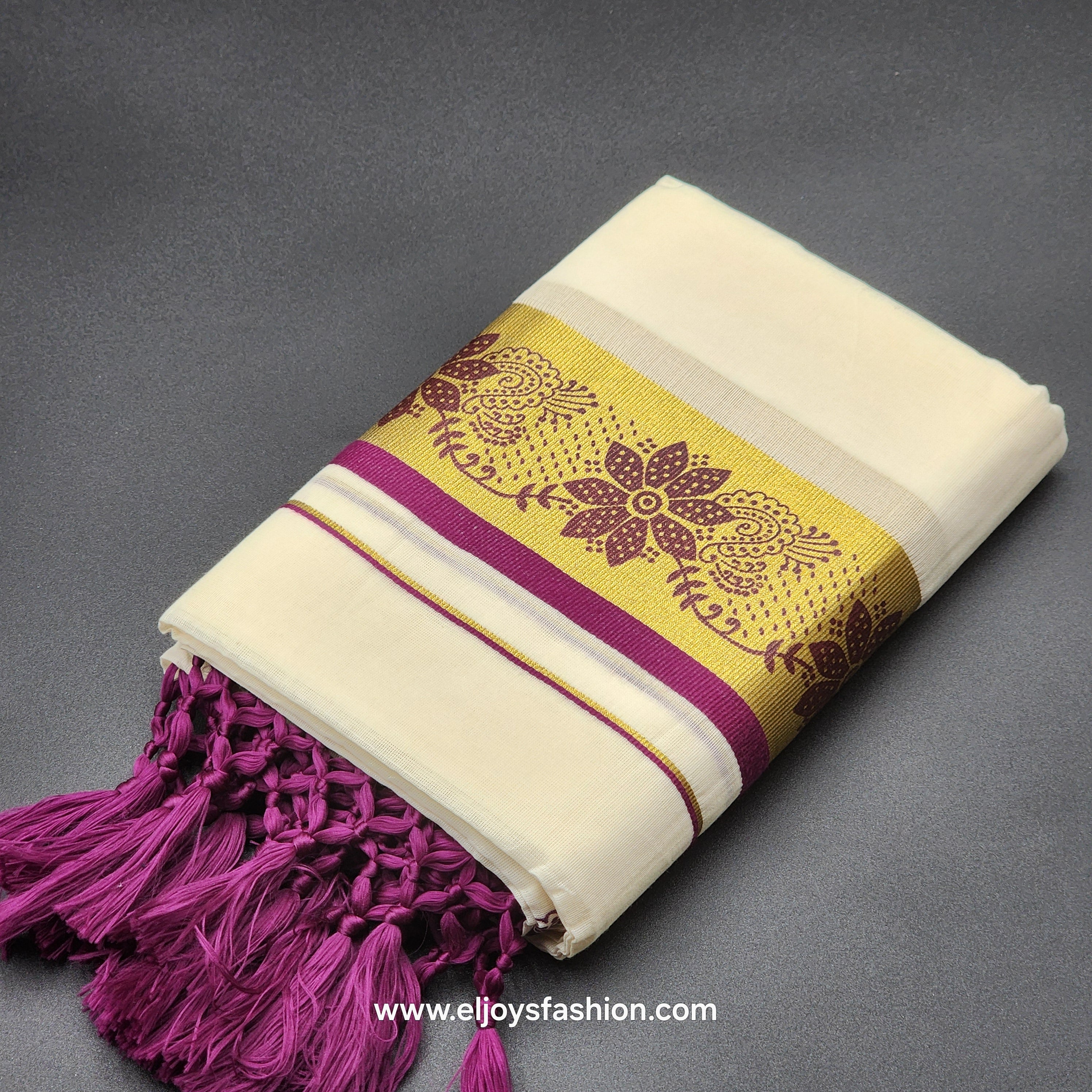 Set Mundu Tissue Silk  floral Design in purple and  Green with Tassel work 4012