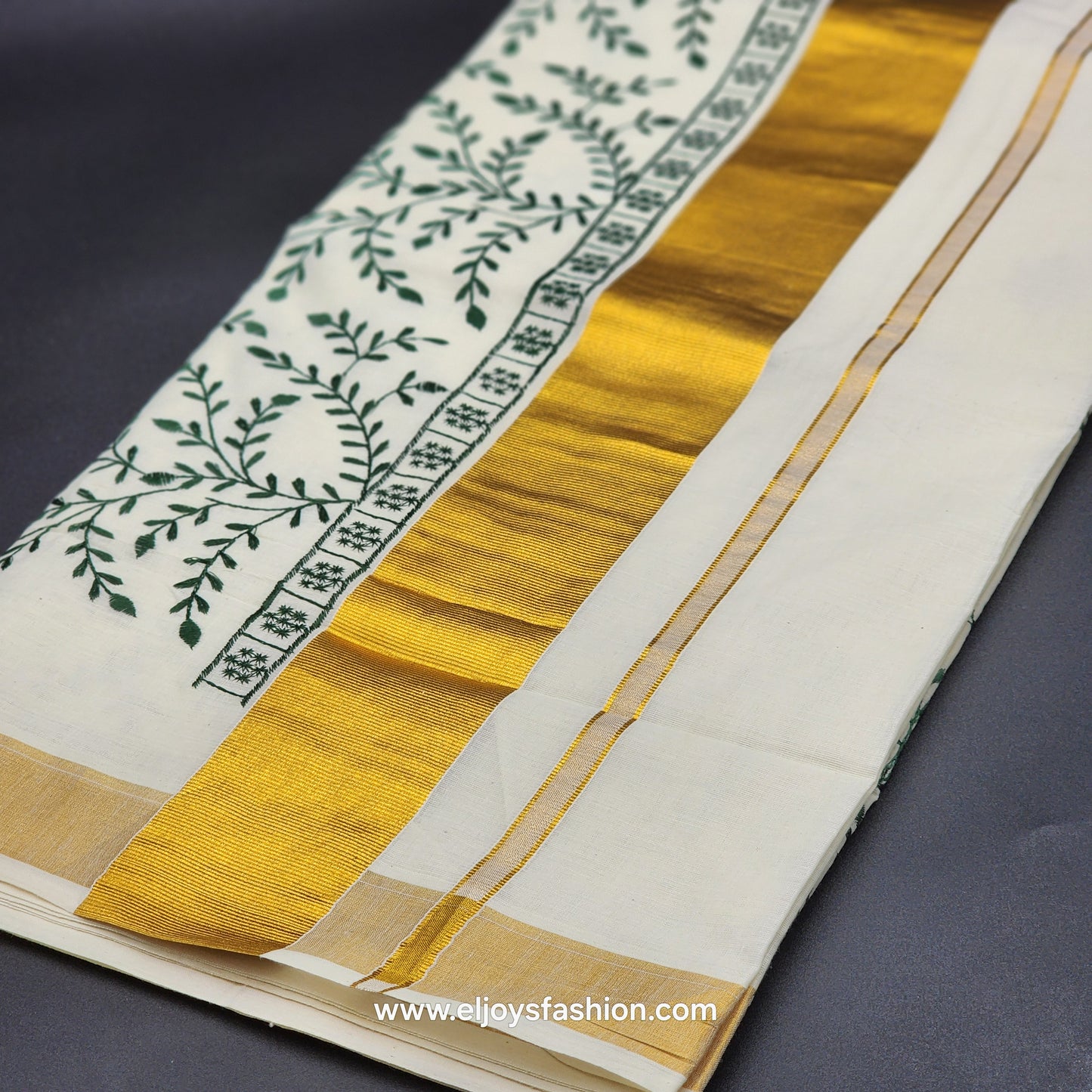 Kerala Saree 3 inch wide golden border and green creeper  embroidery works on body   2144