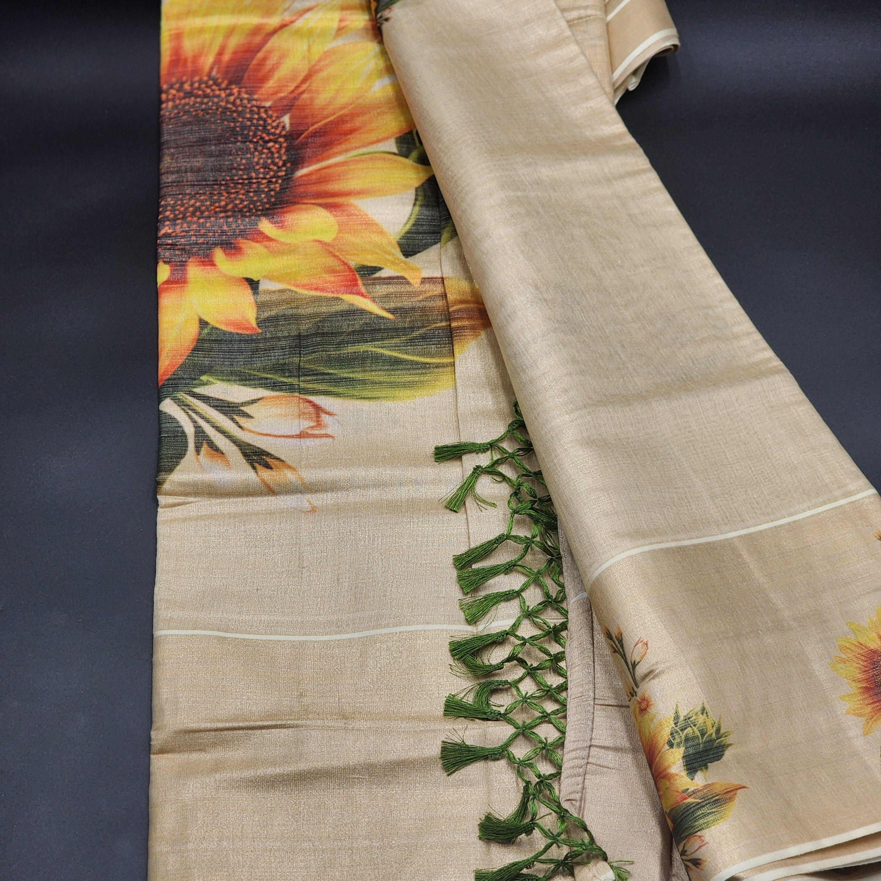 Floral print art silk saree - Large sunflower design with Green Tussel work 2139 Eljoys Fashion