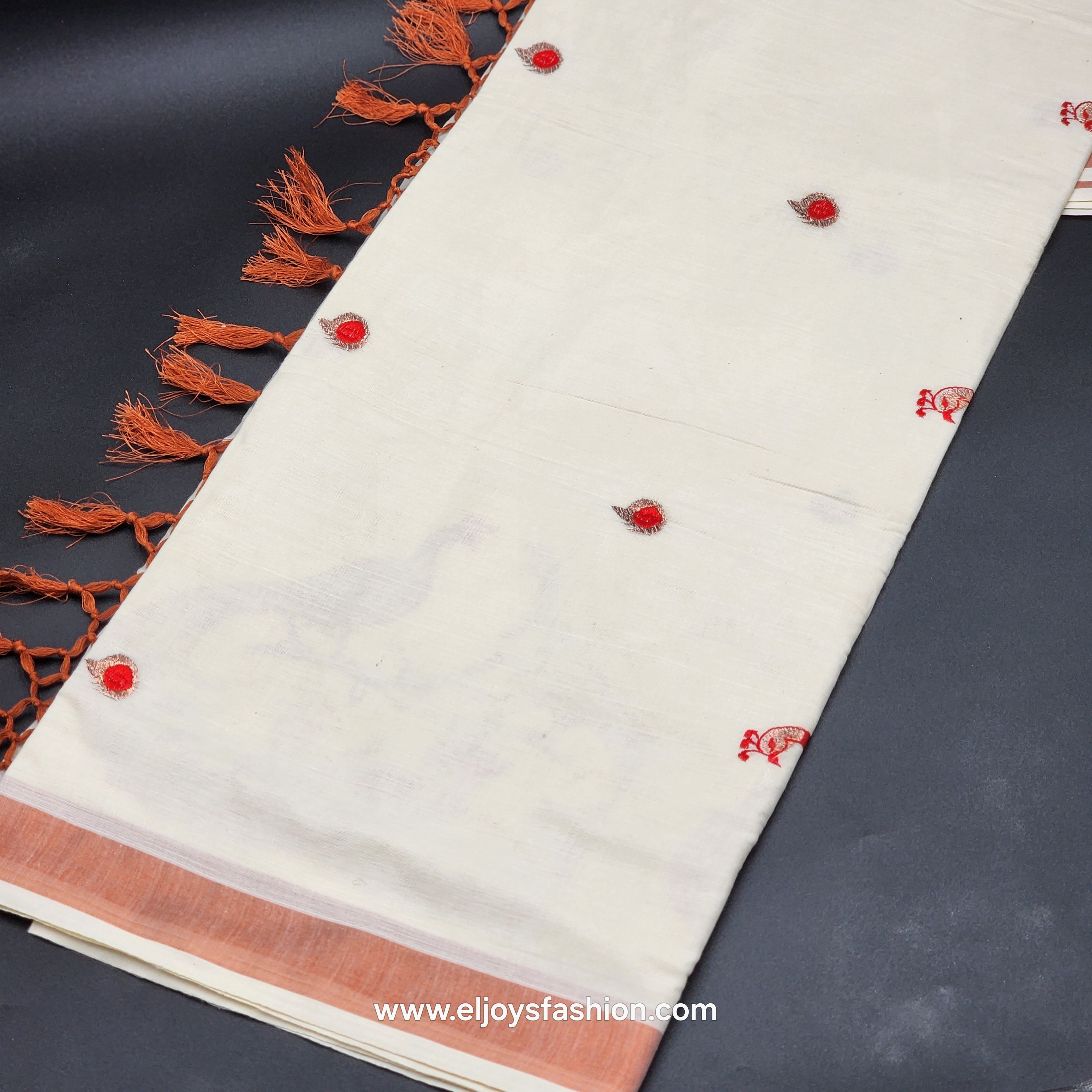 Saree 4 inch wide copper border with Tassel works ,The body is an embroidered red peacock on a golden branch 2147