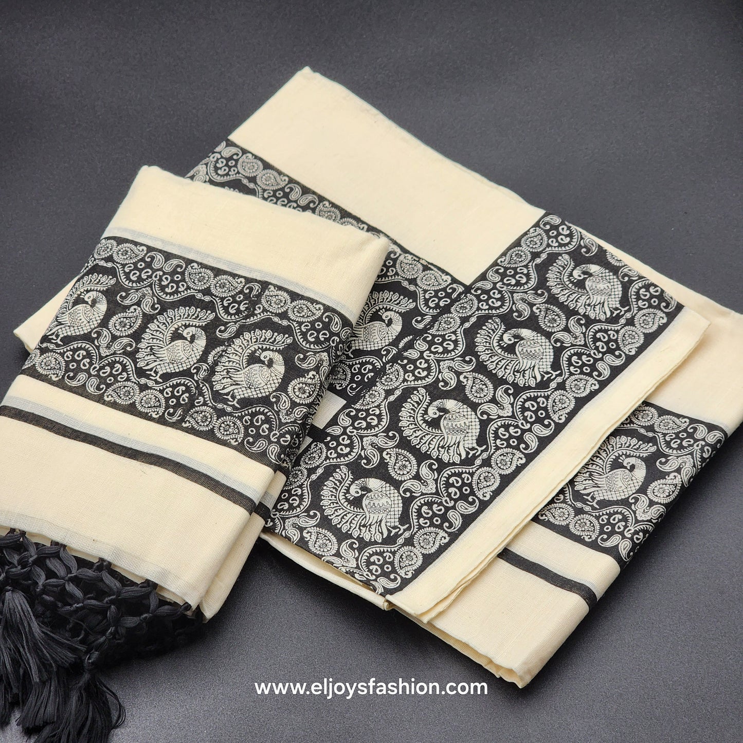Set Mundu kalamkari peacock border with tassels   4001