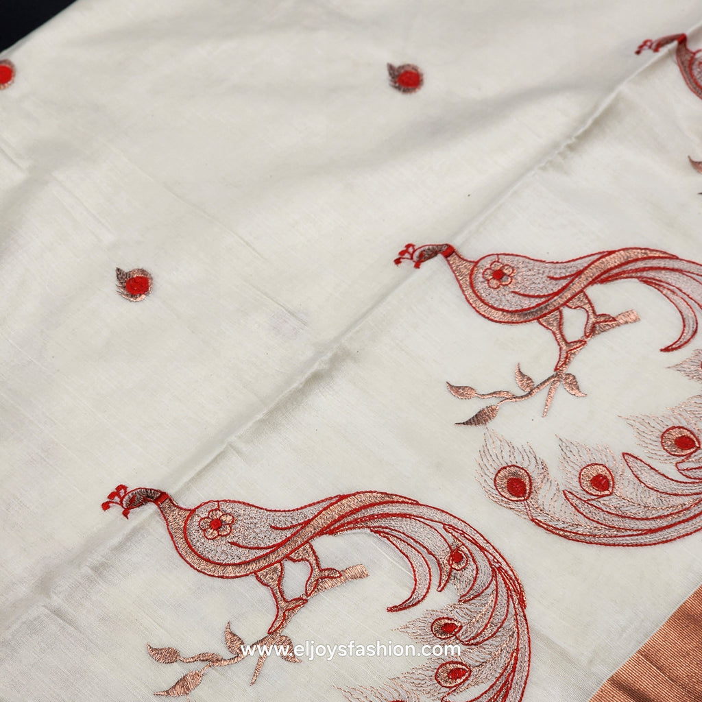 Saree 4 inch wide copper border with Tassel works ,The body is an embroidered red peacock on a golden branch 2147