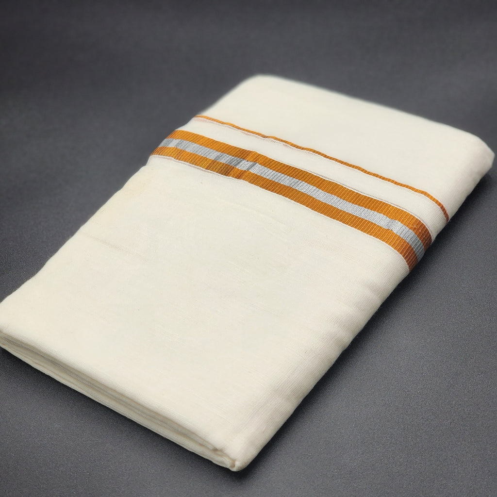 Dhoti Mundu Traditional South Indian style goldish orange and silver line 4101 Eljoys Fashion