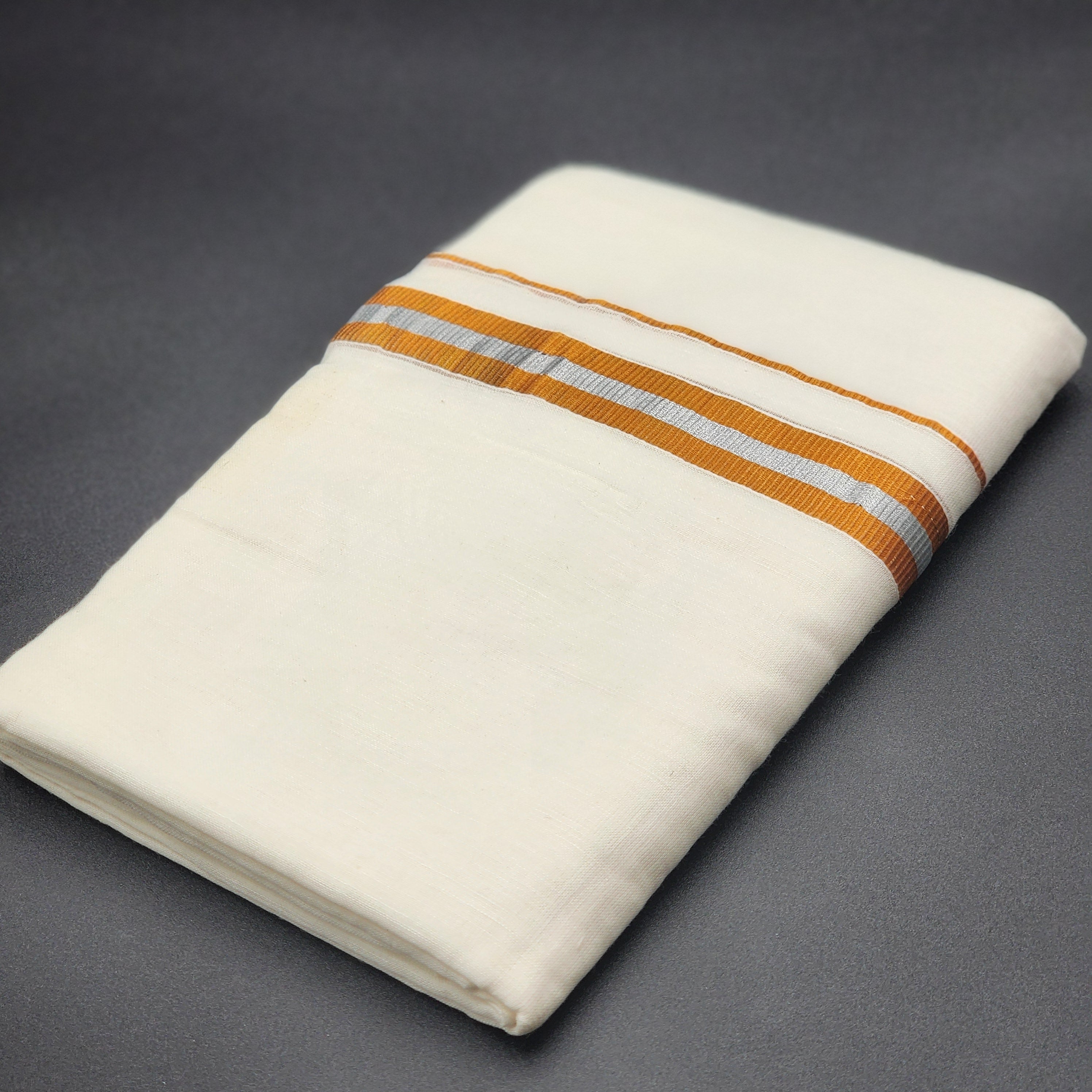 Dhoti Mundu Traditional South Indian style goldish orange and silver line 4101 Eljoys Fashion