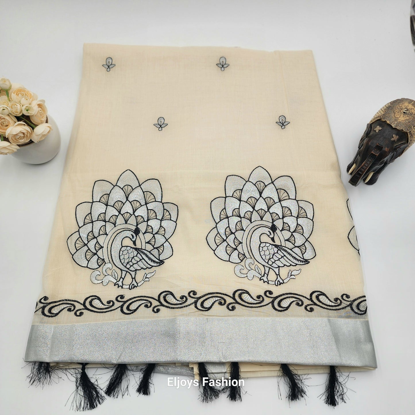 Tissue Silk South Indian Saree - Peacock design Cream and black combo