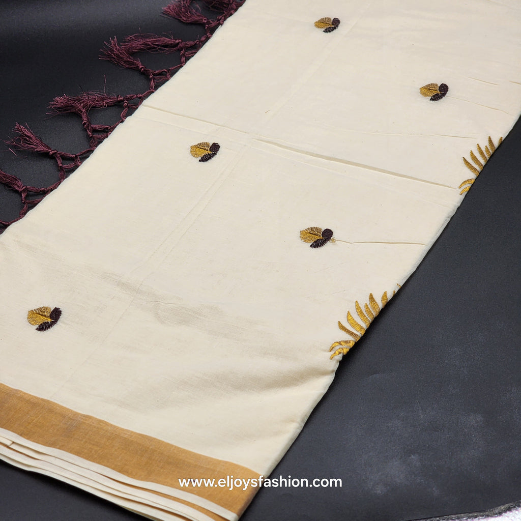 Saree 4 inch wide golden border chocolate creeper embroidery and full body Peacock train goden/choclate embroidery 2148