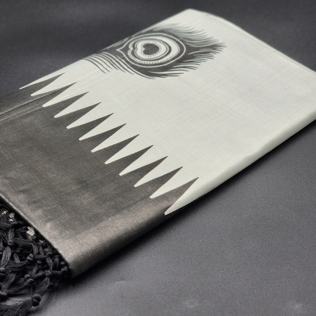 Handloom Tissue Silk Saree Black temple design and train feathers on Silver 2123 Eljoys Fashion