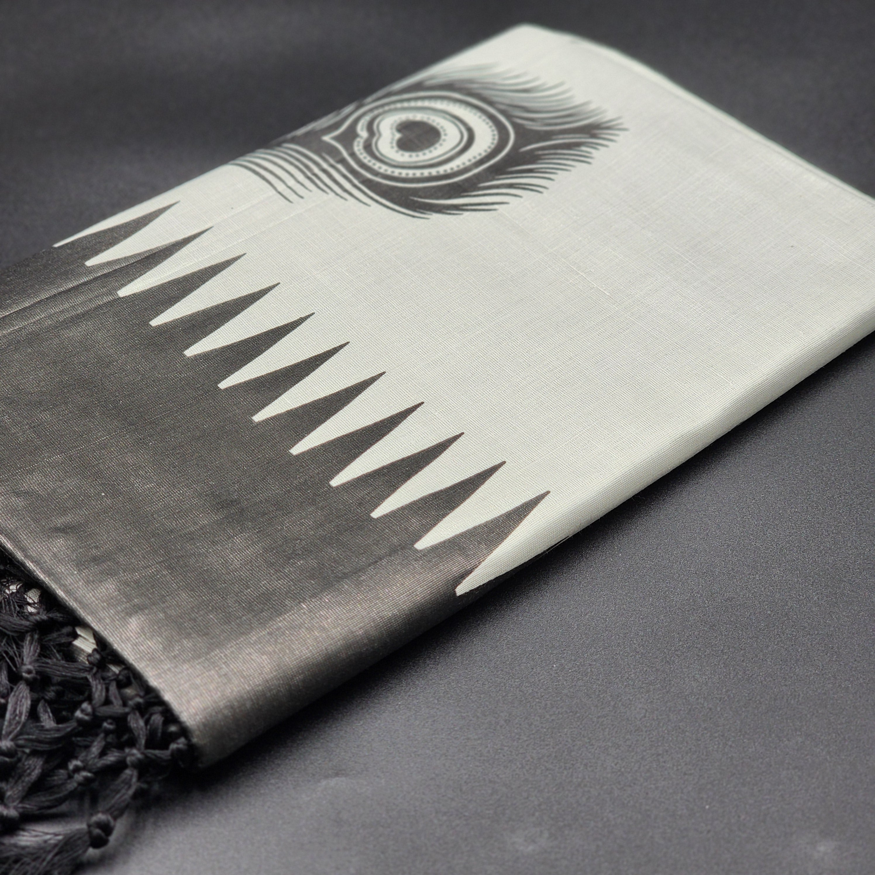 Handloom Tissue Silk Saree Black temple design and train feathers on Silver 2123 Eljoys Fashion