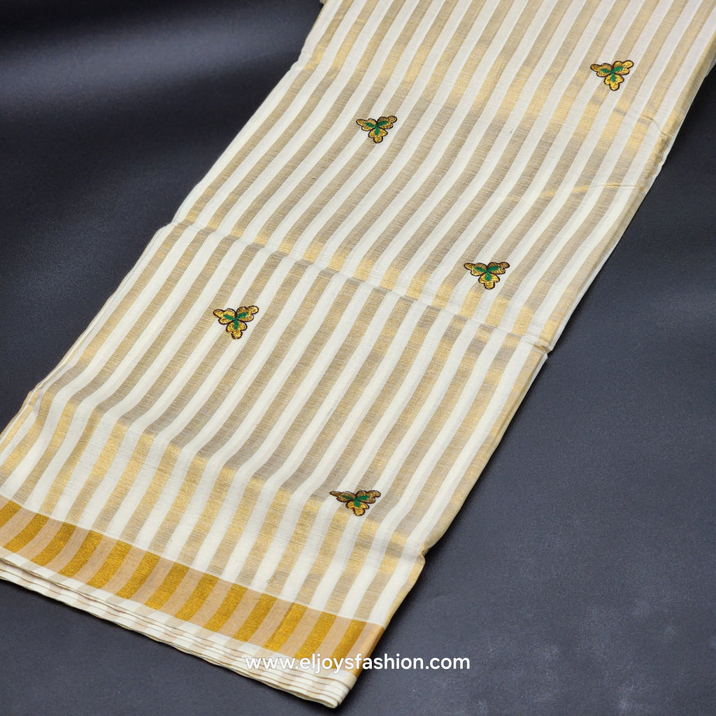 Saree golden border green creeper embroidery and full body Peacock design green/chocolate embroidered 2149