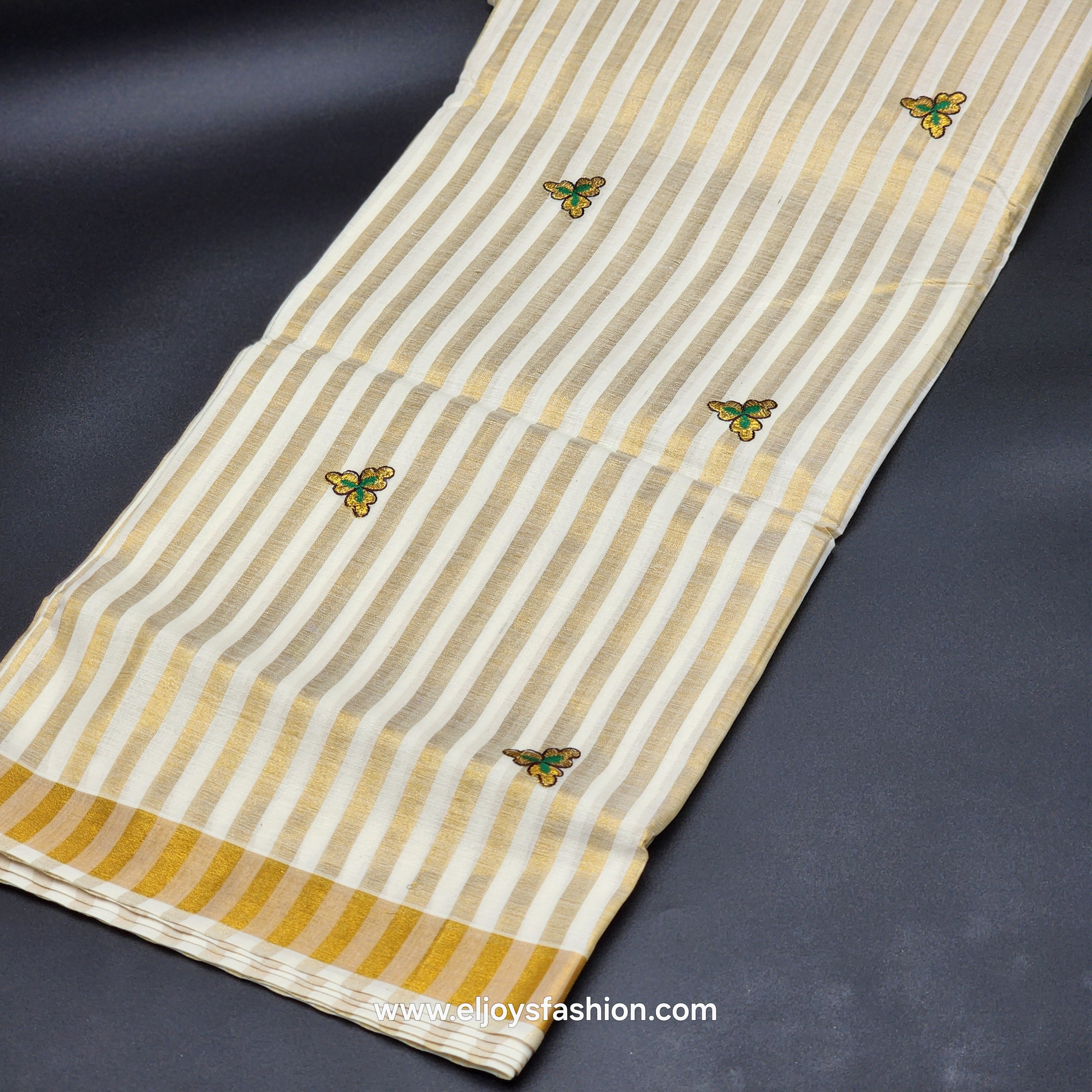 Saree golden border green creeper embroidery and full body Peacock design green/chocolate embroidered 2149
