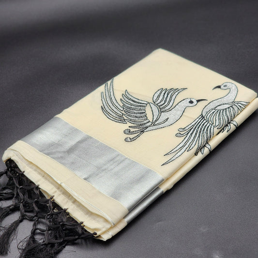 Tissue Silk South Indian Saree - birds design silver and black combo 2126 Eljoys Fashion